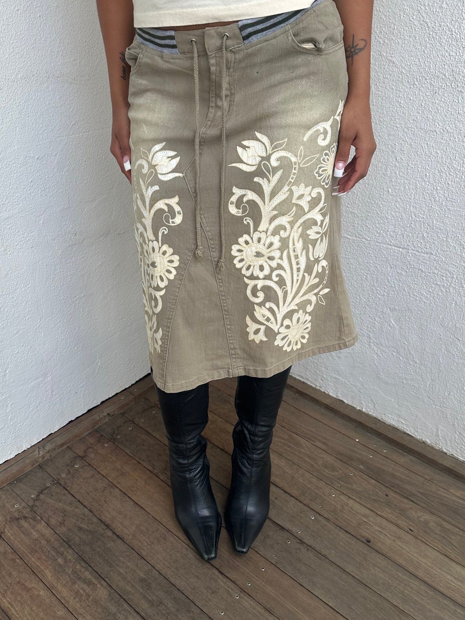 Khaki Floral Printed Denim Midi Skirt