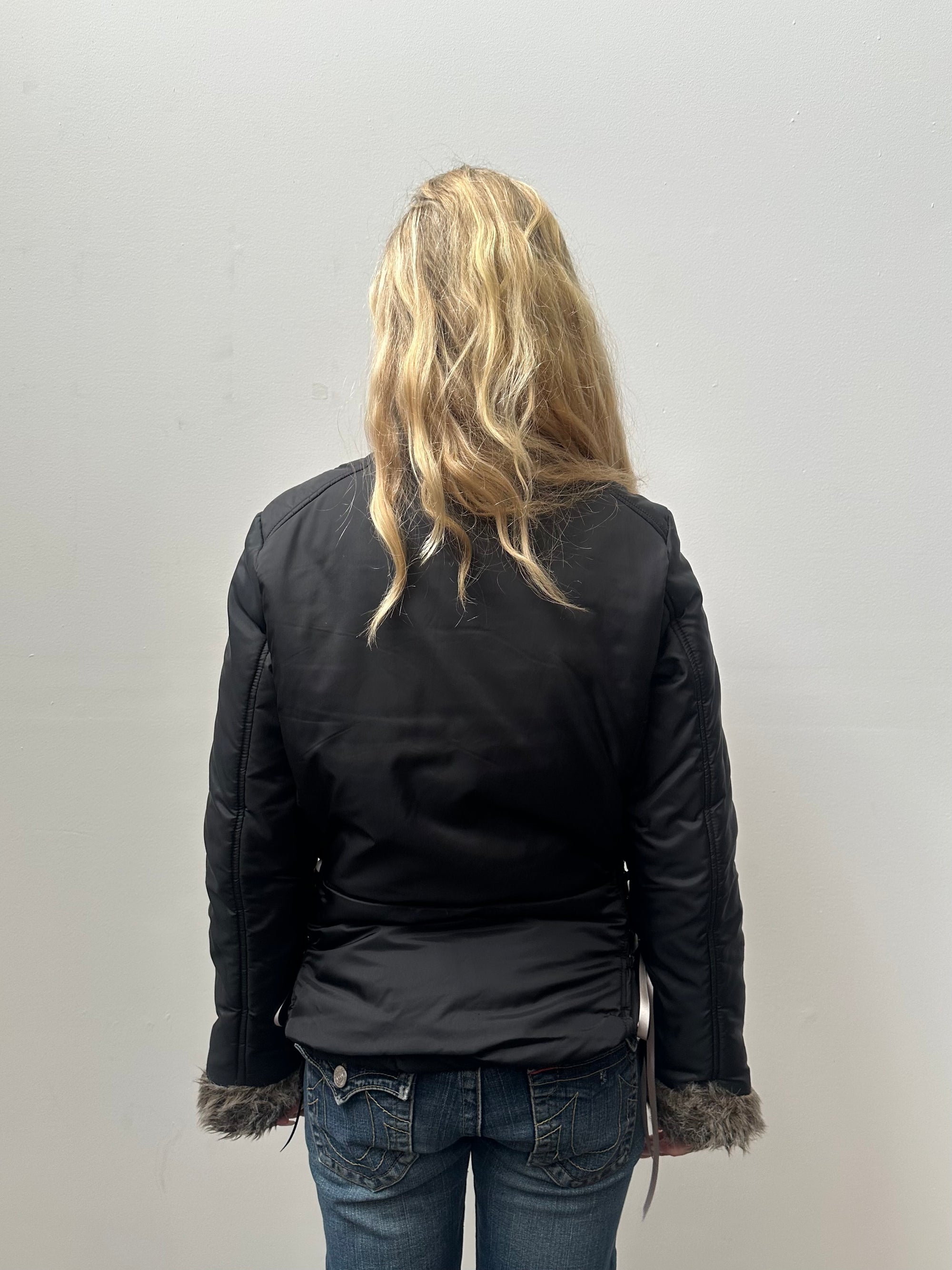 Faux Fur Trimmed Black Puffer Coat- Size S