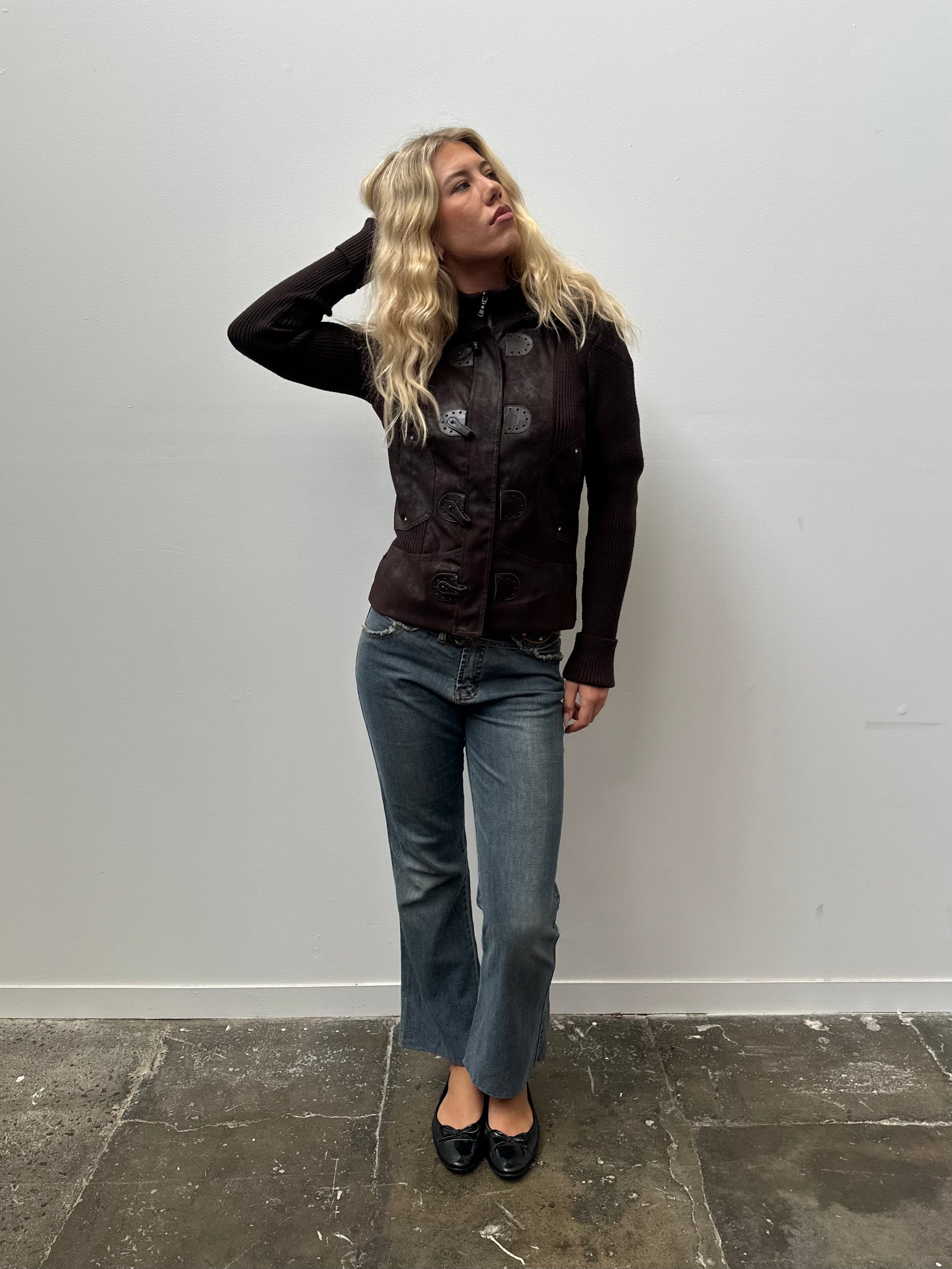 Chocolate Brown Faux Fur Hood Ribbed Jacket - Size S
