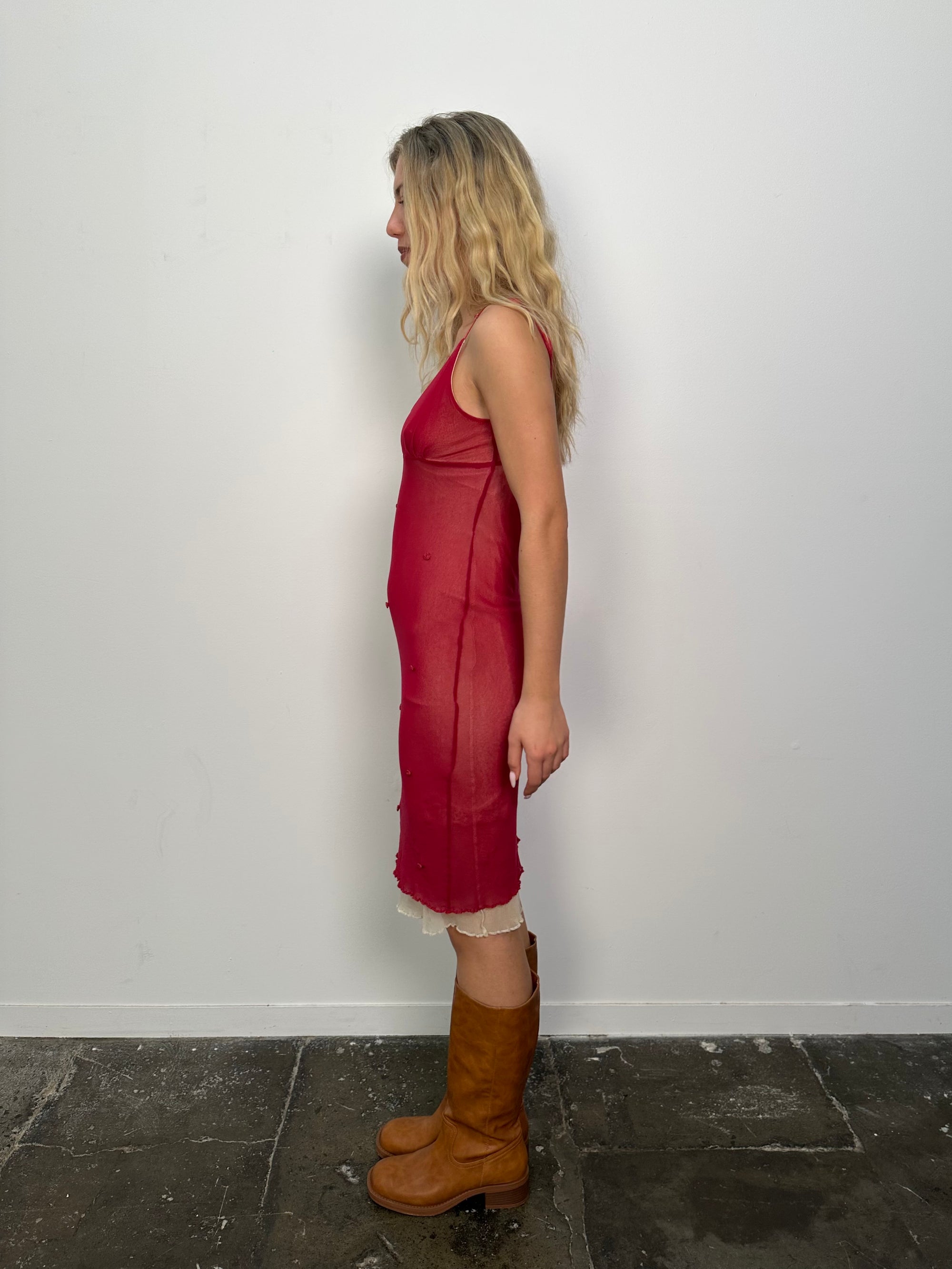 Red Double Mesh Rosette Midi Dress - Size S