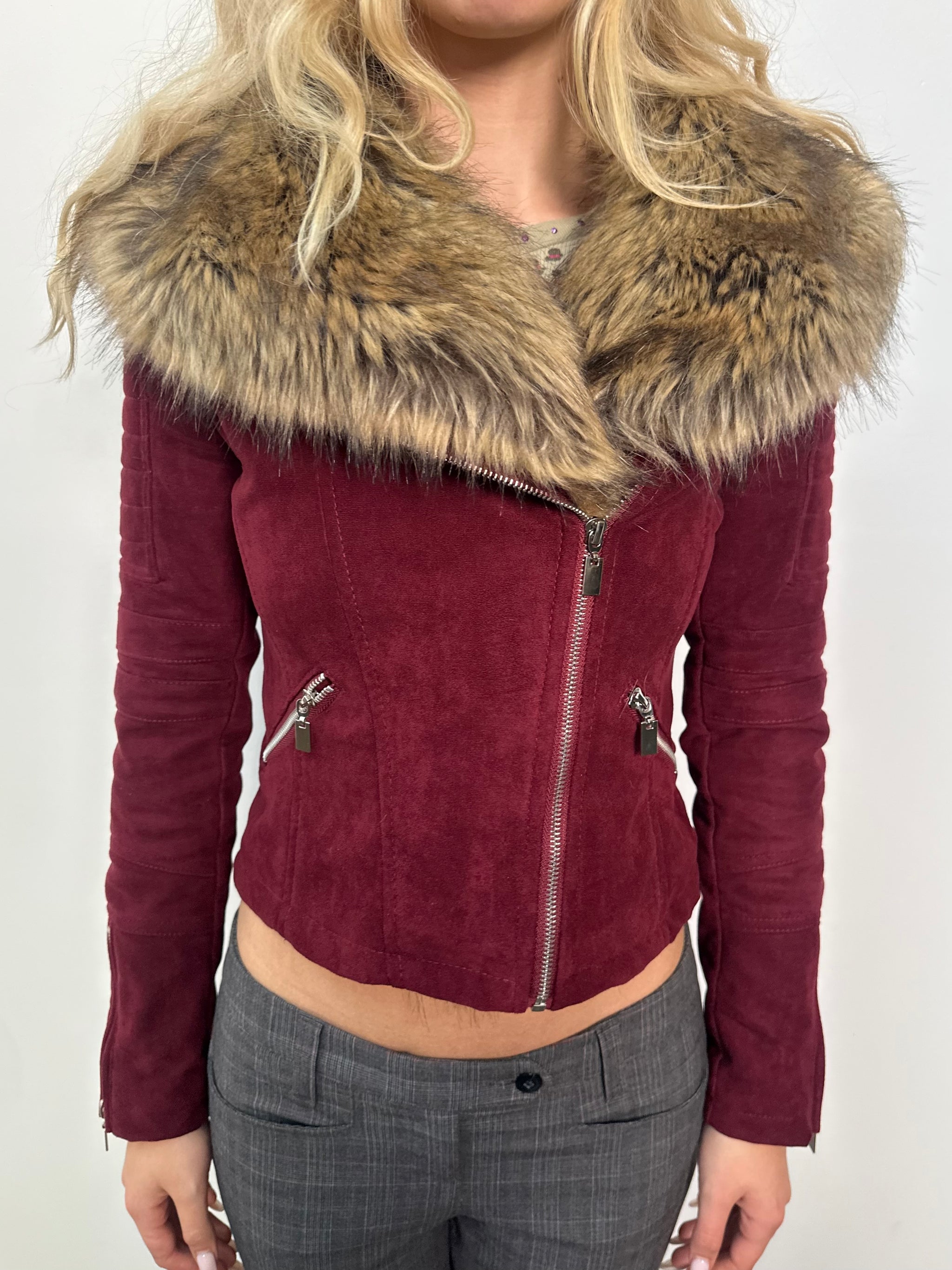 Burgundy Faux Fur Collar Jacket - Size S