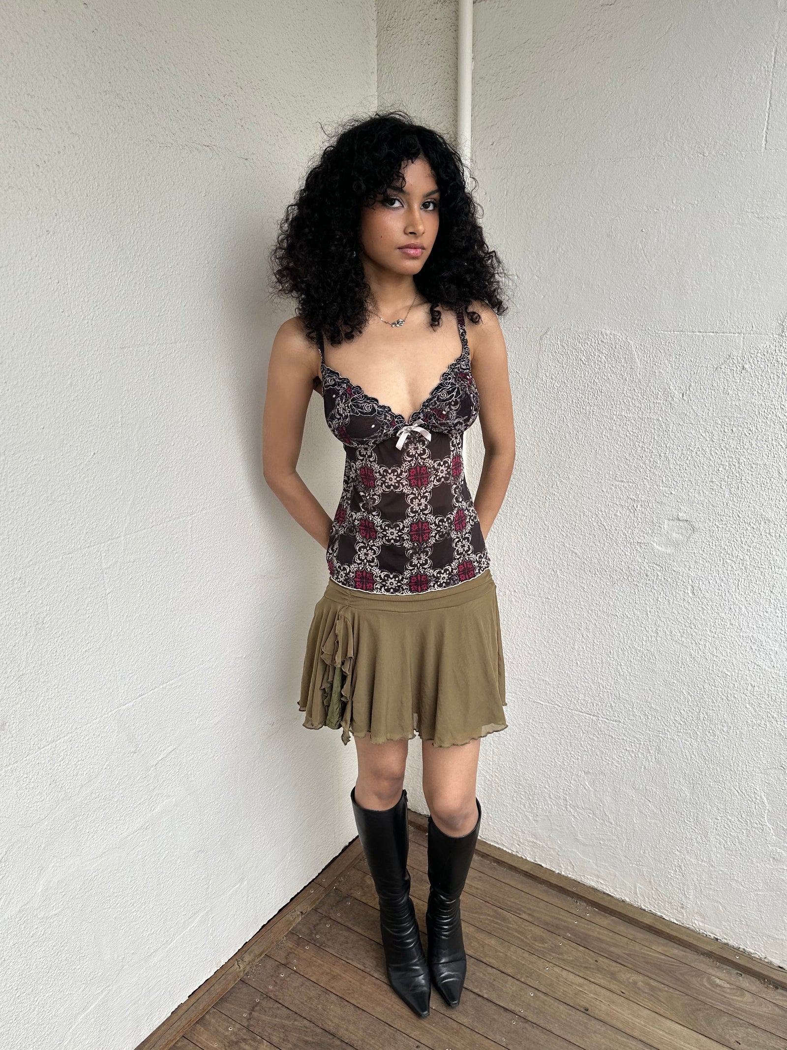 Black Mesh Ornate Pattern Cami - Size XS