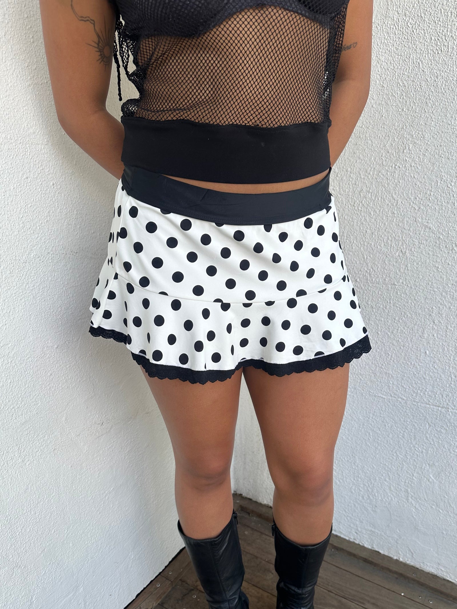 White & Black Polkadot Ruffle Mini Skirt