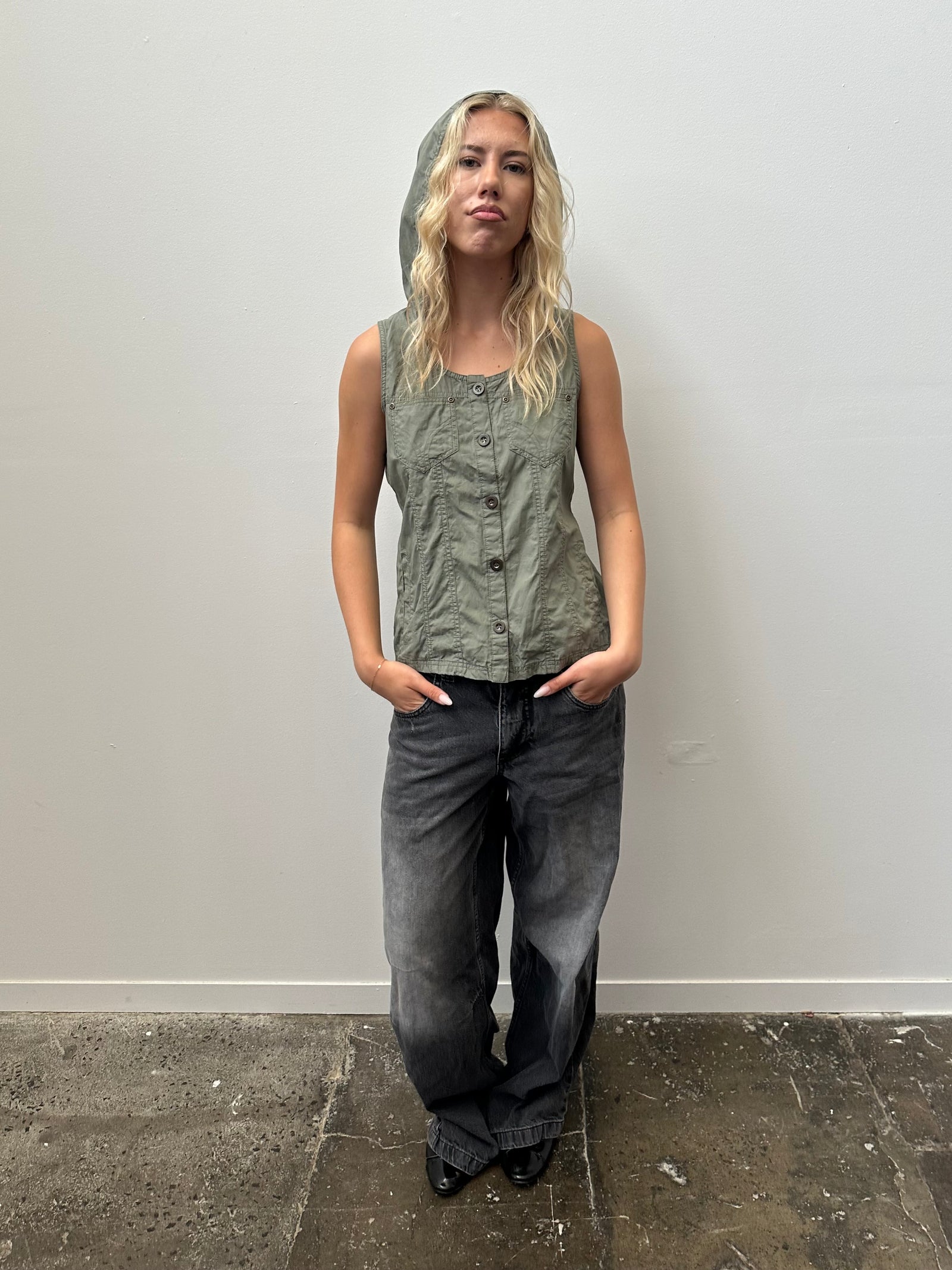 Khaki Hooded Cargo Vest - Size M