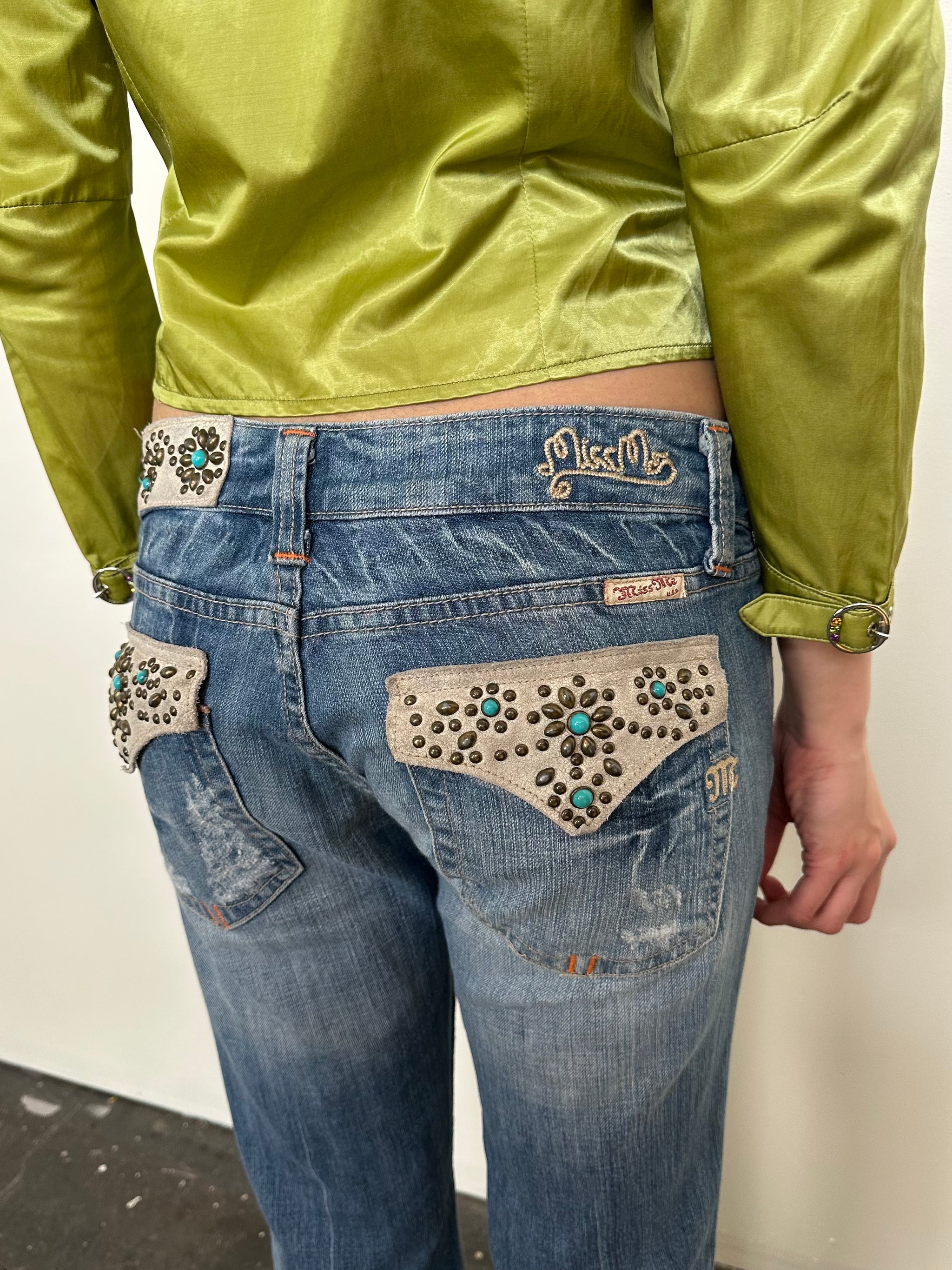 Miss Me Turquoise Studded Low-rise Bootcut Jeans - Size S