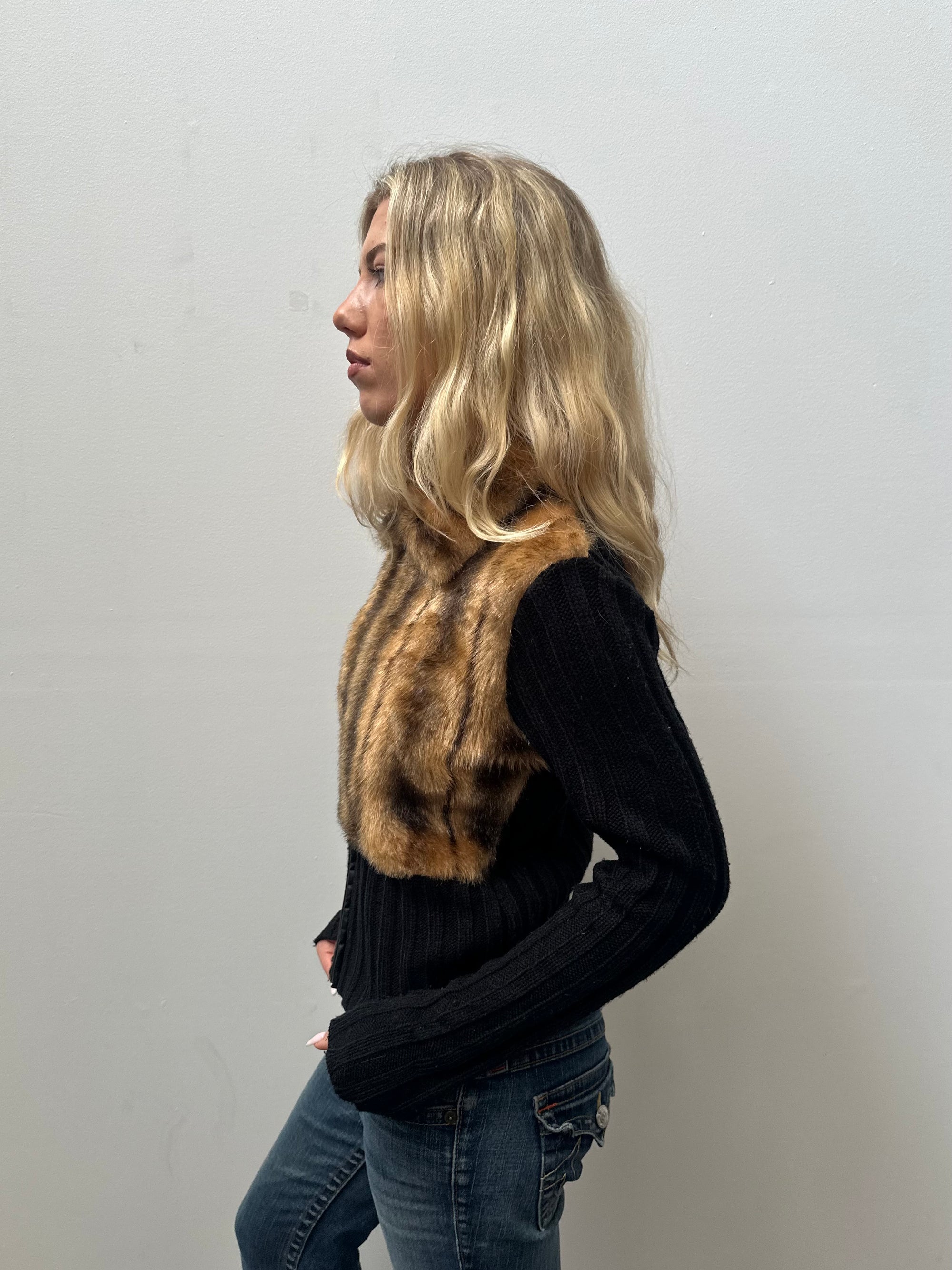 Brown Faux Fur & Black Ribbed Zip Up - Size M