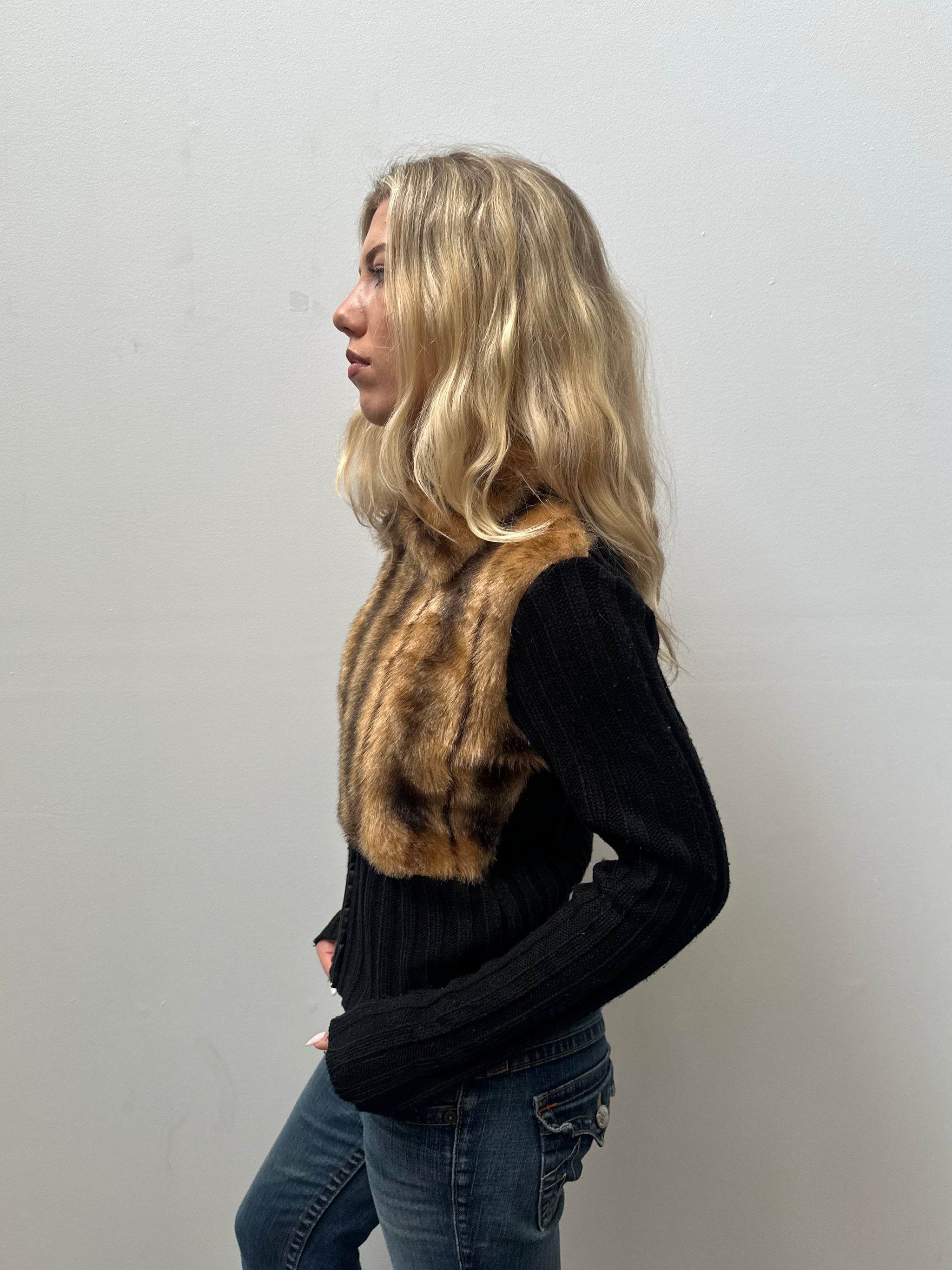 Brown Faux Fur & Black Ribbed Zip Up - Size M