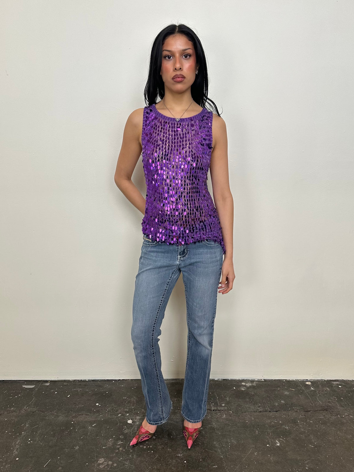 Purple Sequin Crochet Tank Top - Size L