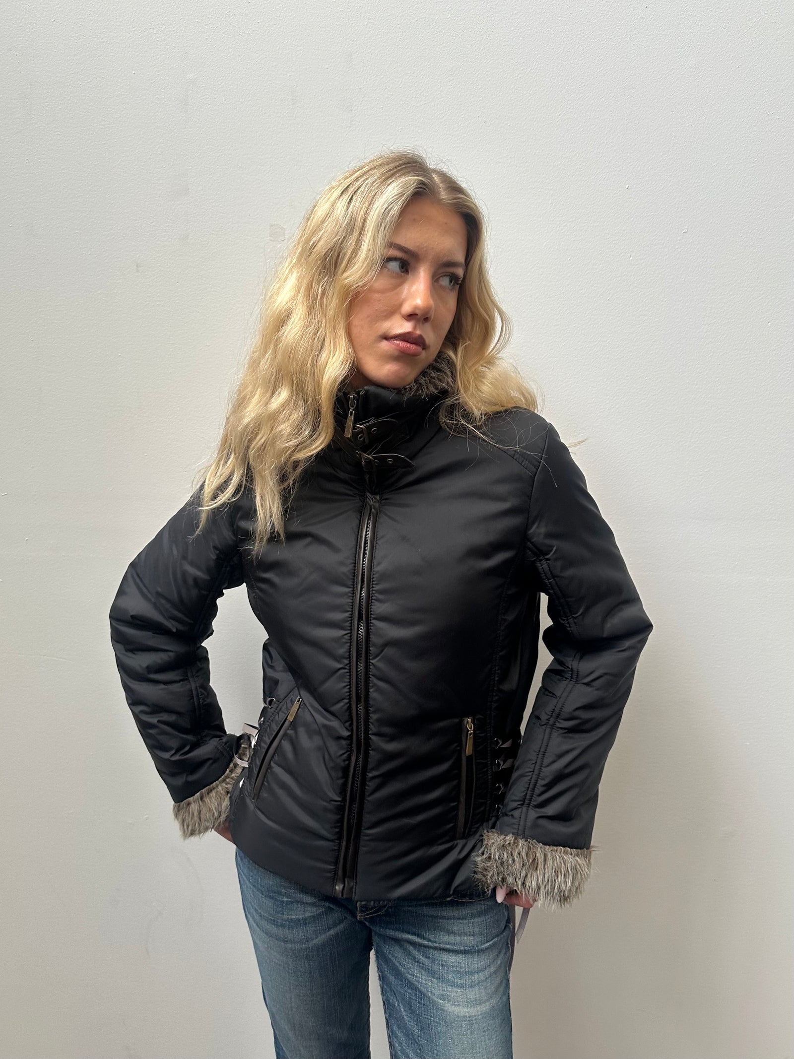 Faux Fur Trimmed Black Puffer Coat- Size S