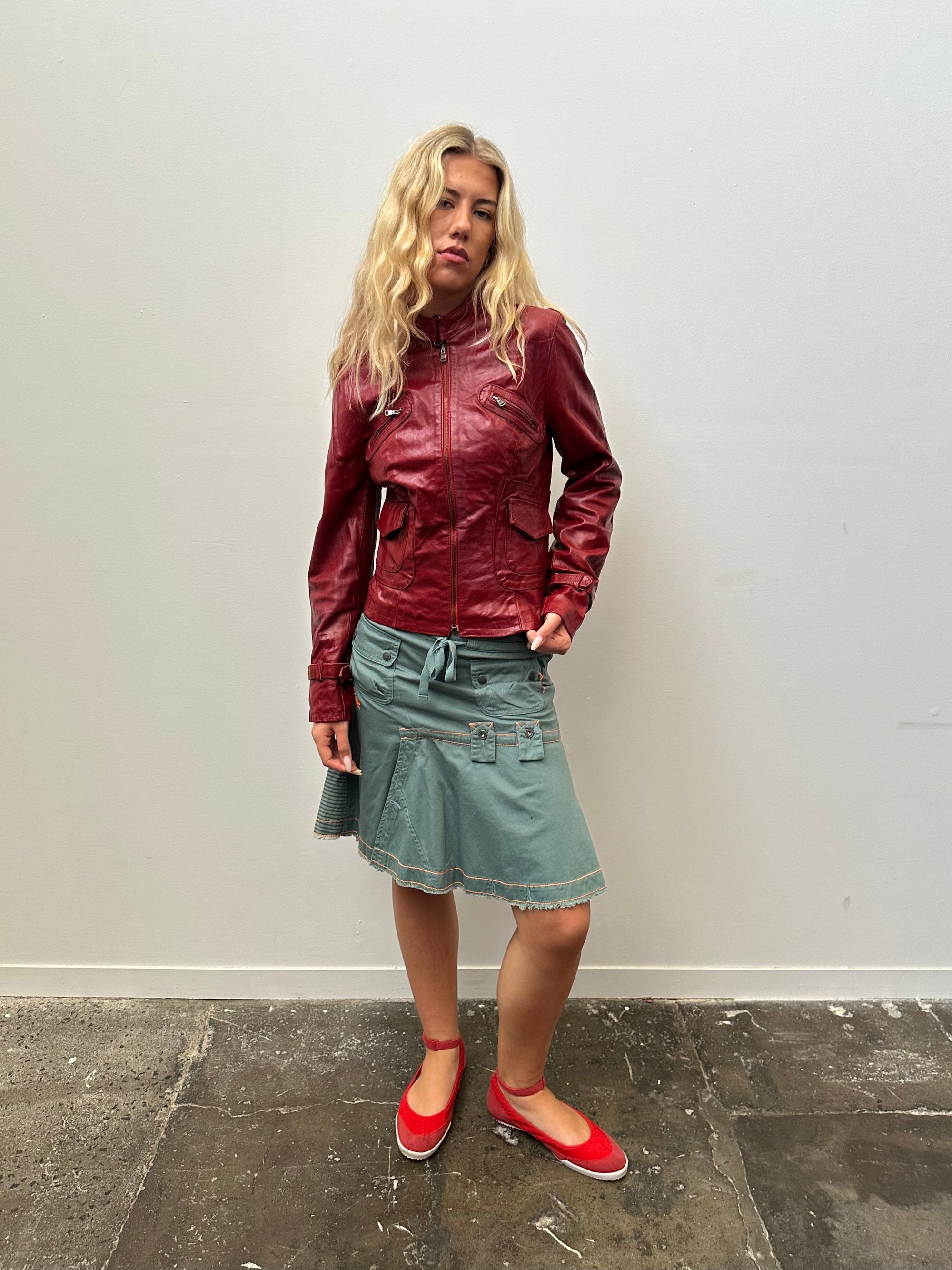 Red Leather Biker Style Jacket - Size M