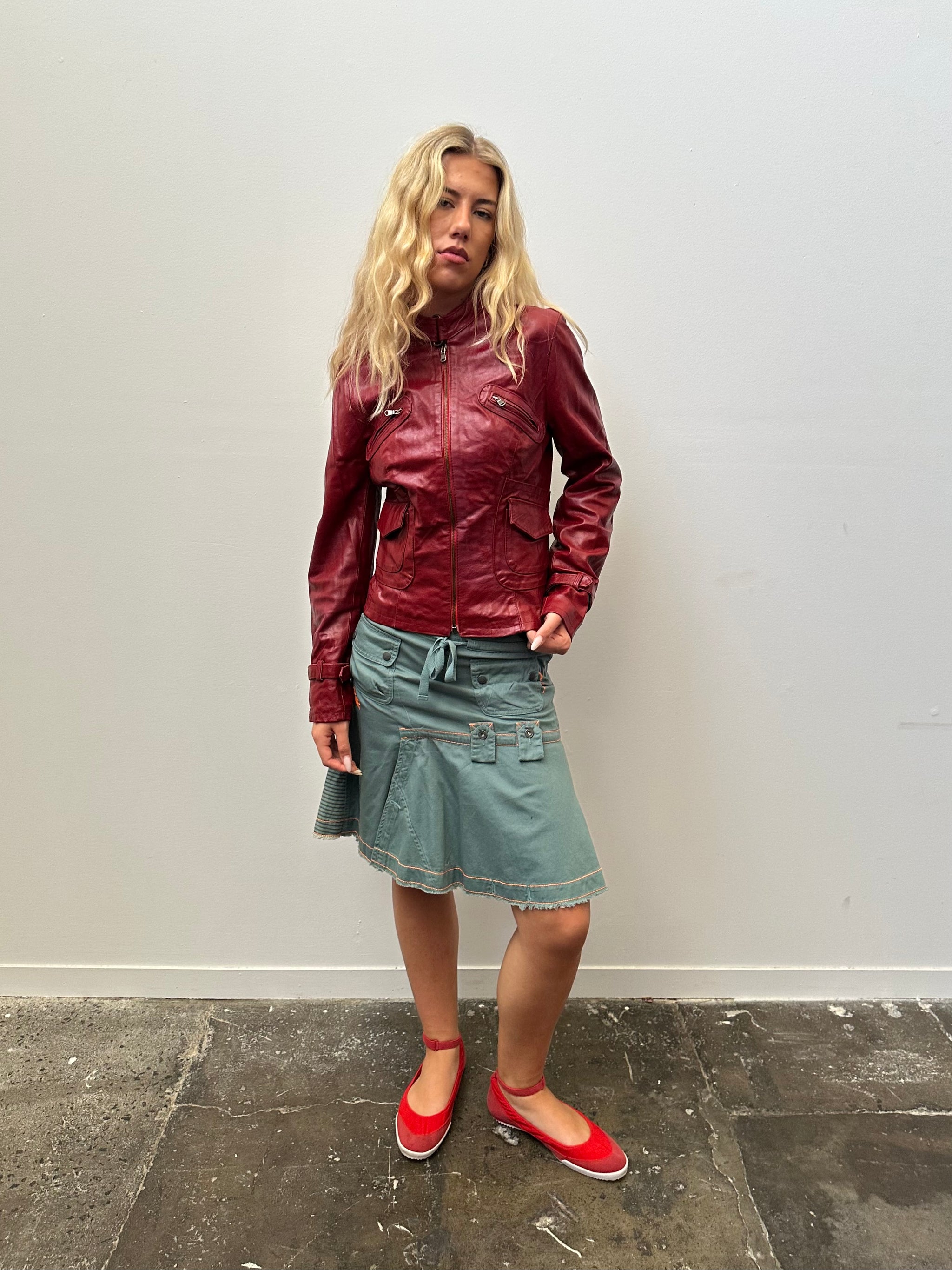 Red Leather Biker Style Jacket - Size M