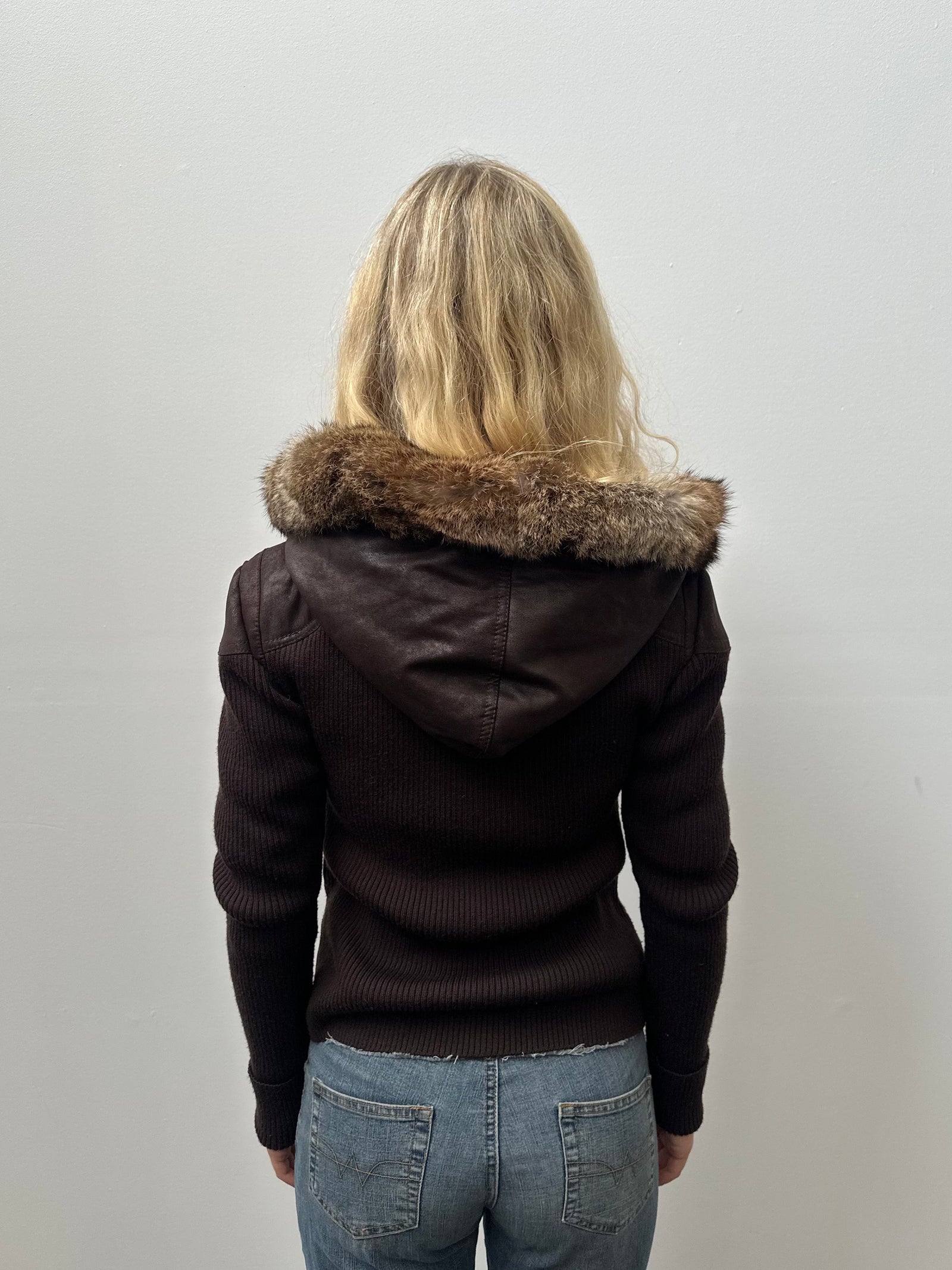 Chocolate Brown Faux Fur Hood Ribbed Jacket - Size S