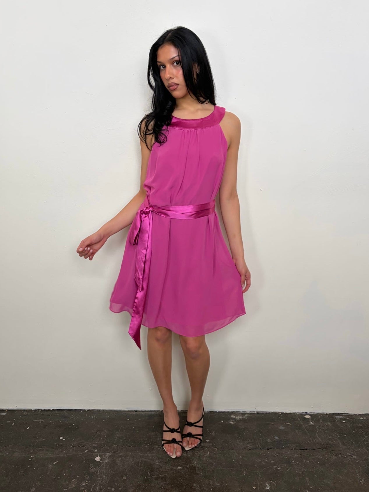 Hot Pink Satin Tie Midi Dress - Size M/L