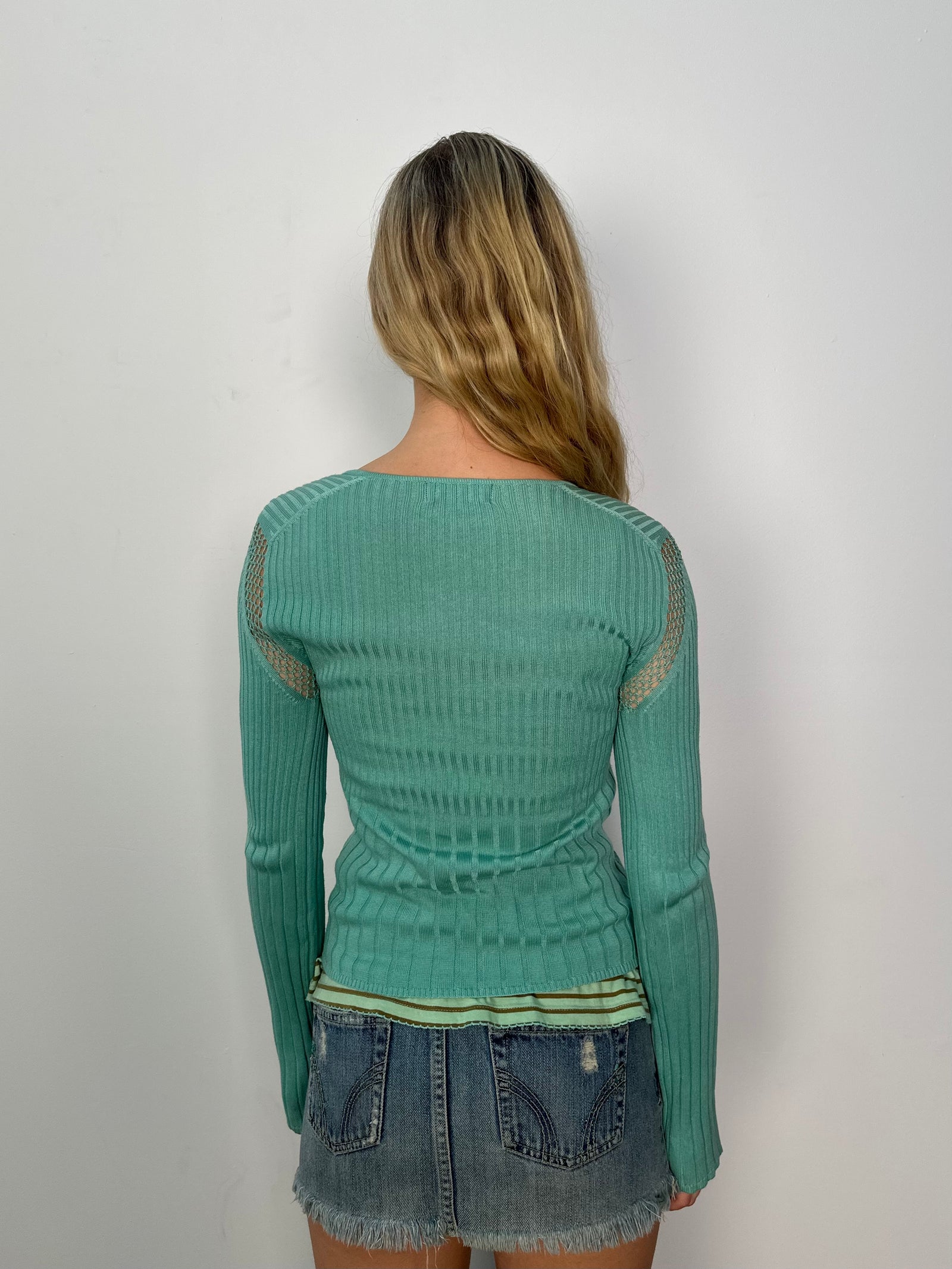Turquoise Knitted Tie Up Cardigan - Size S