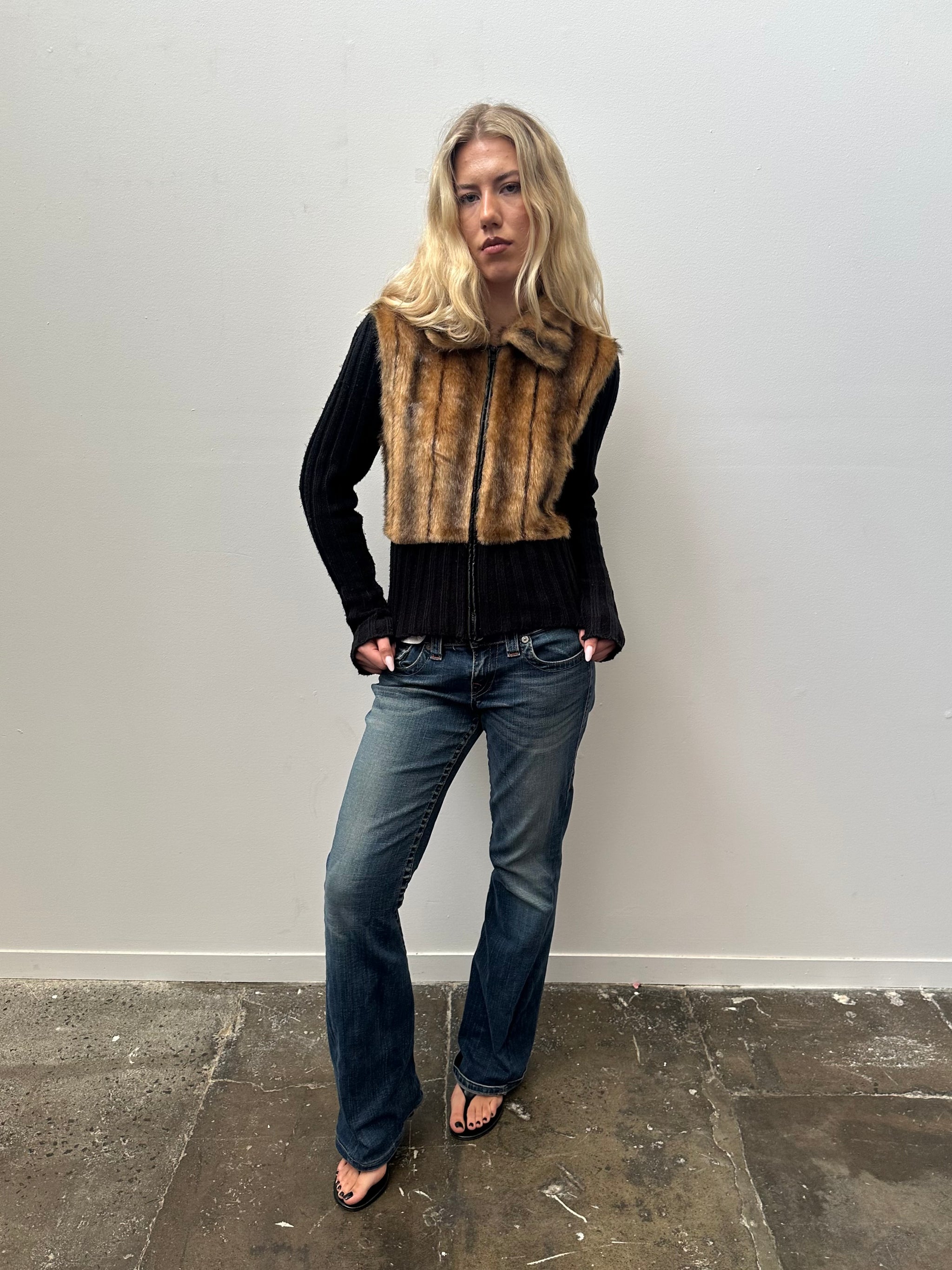 Brown Faux Fur & Black Ribbed Zip Up - Size M