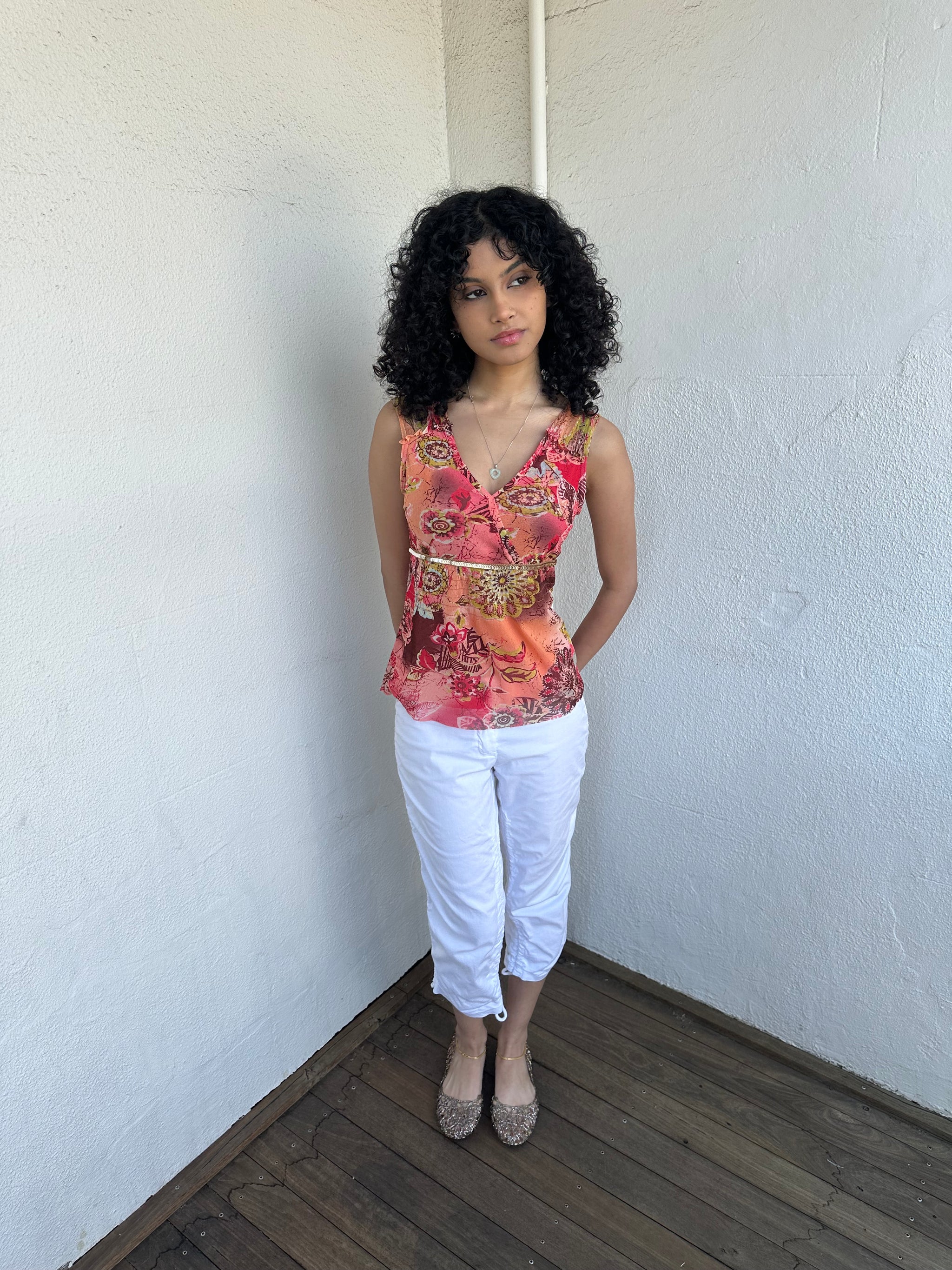 Pink & Orange Floral Mesh Tank