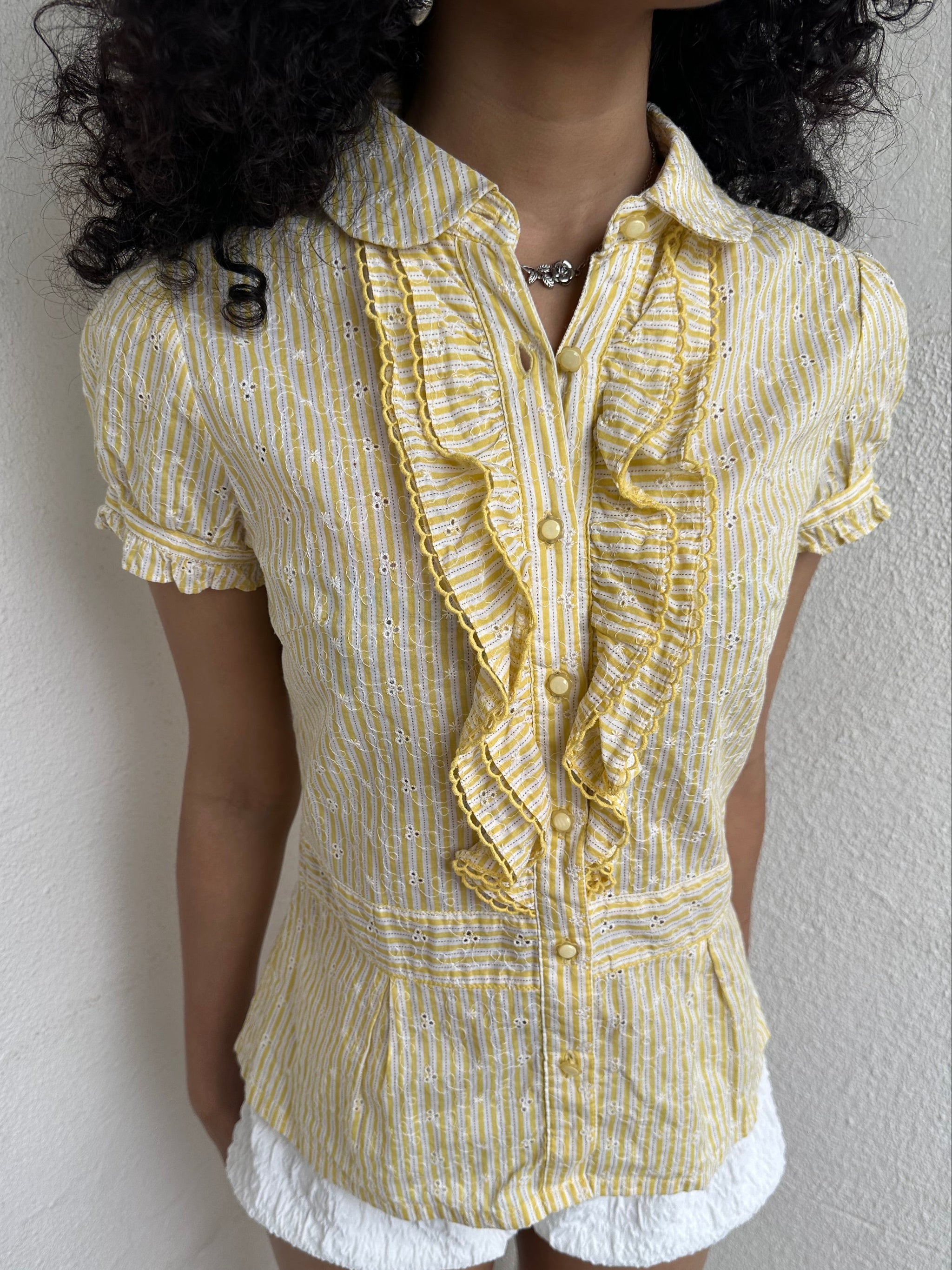 Pastel Yellow Stripe Frill Blouse - Size S