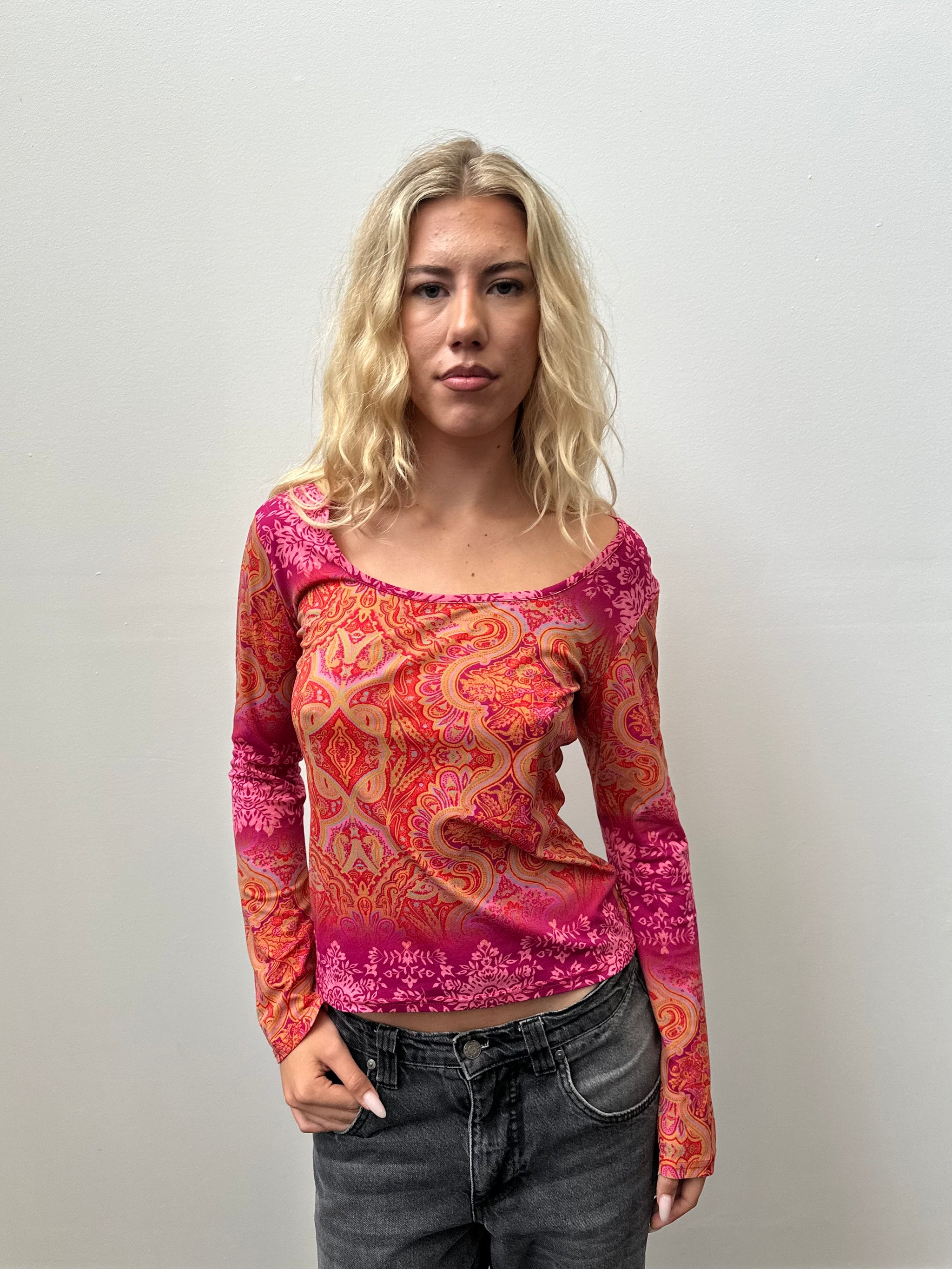 Orange & Pink Paisley Long Sleeve Top - Size M