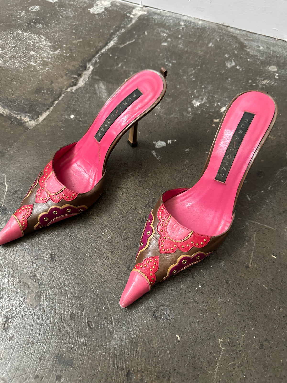 Pink & Brown Embossed Pattern Leather Kitten Heels - Size EU 36