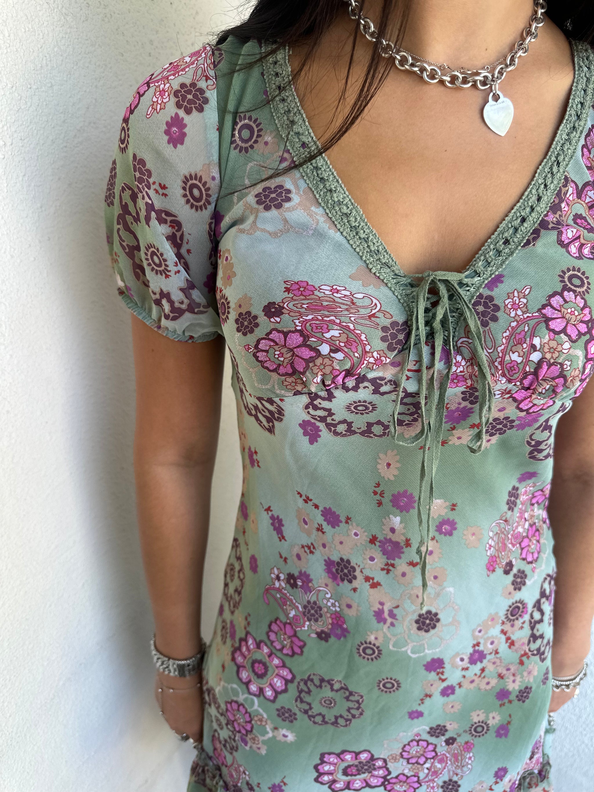 Green & Pink Floral Milkmaid Dress - Size S