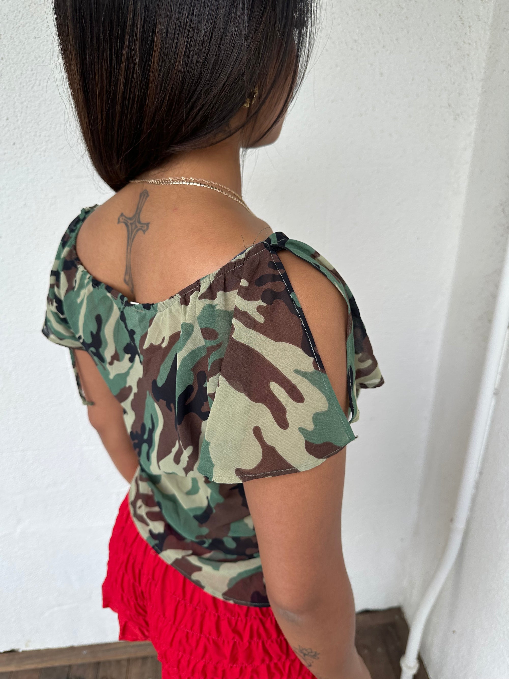 Floaty Camo Print Sheer Blouse