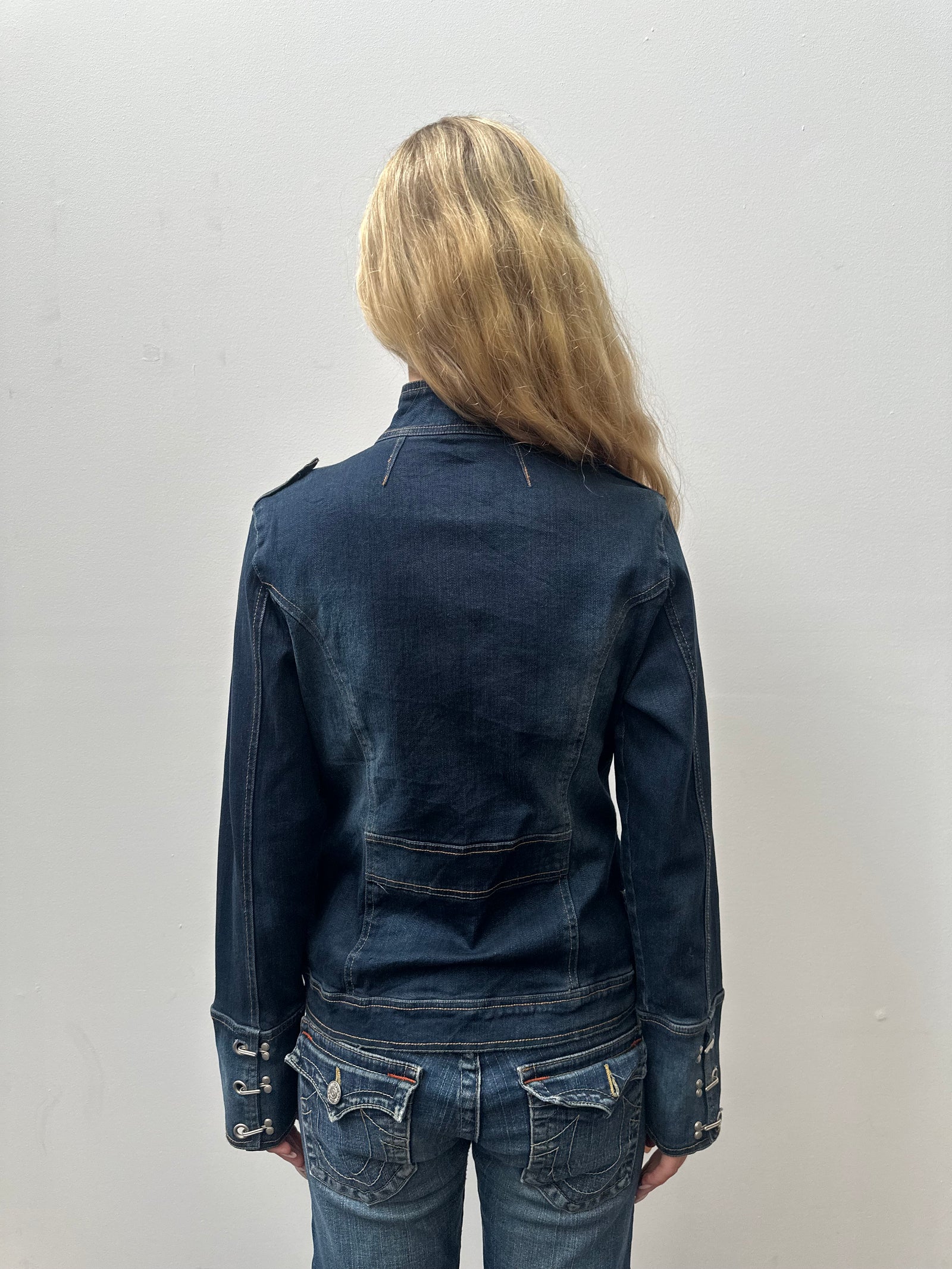 Dark Denim Hook & Eye Biker Jacket - Size M