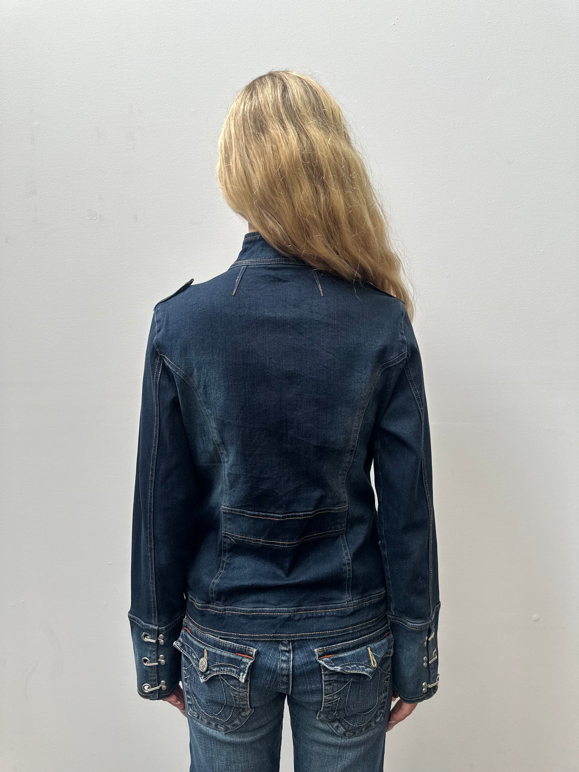 Dark Denim Hook & Eye Biker Jacket - Size M