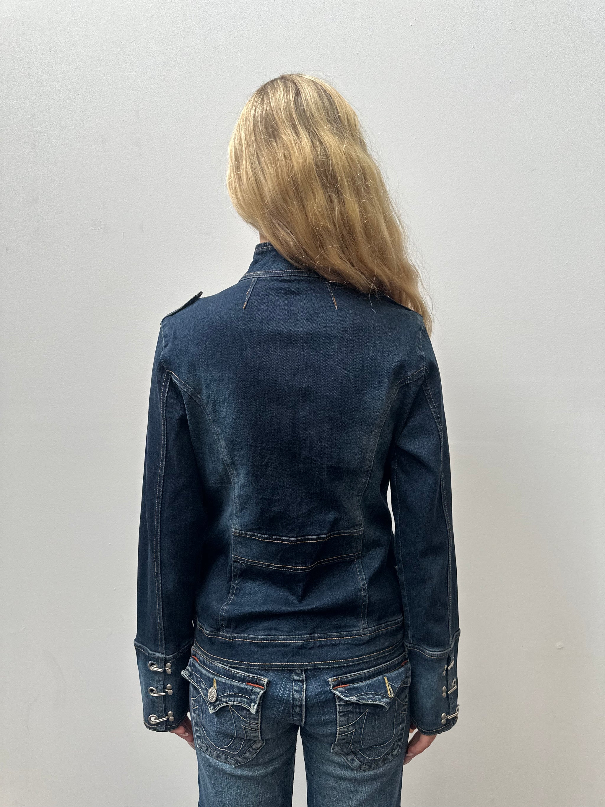 Dark Denim Hook & Eye Biker Jacket - Size M