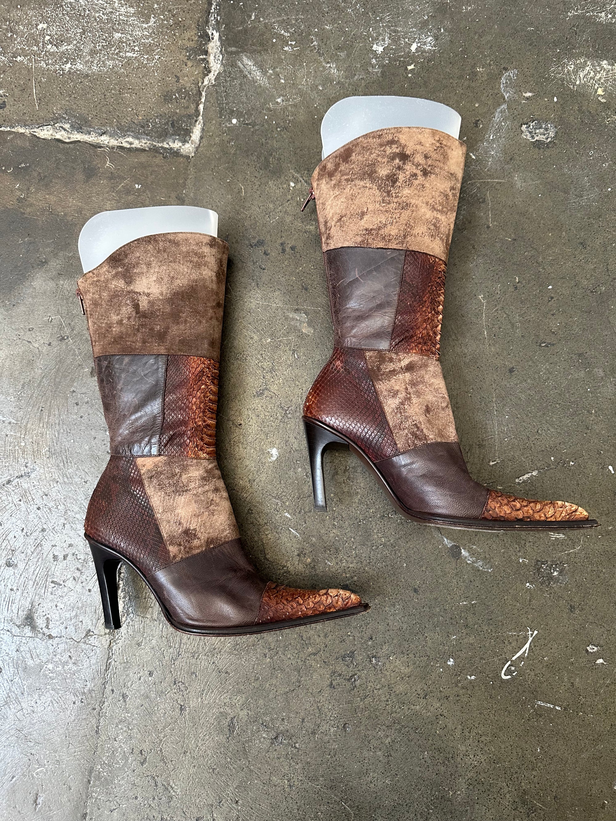 Brown Patchwork Leather Stiletto Heeled Boots - Size EU 38.5