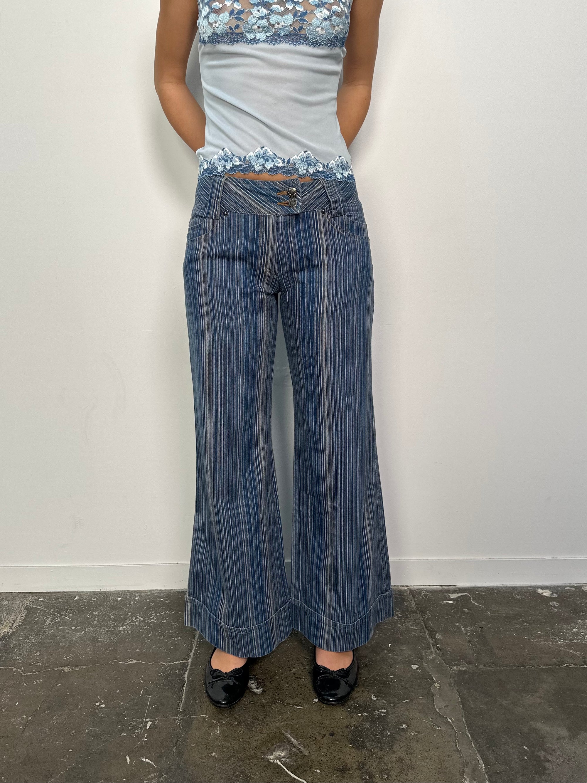 Low-rise Fine Stripe Blue Denim Wide Leg Jeans - Size M