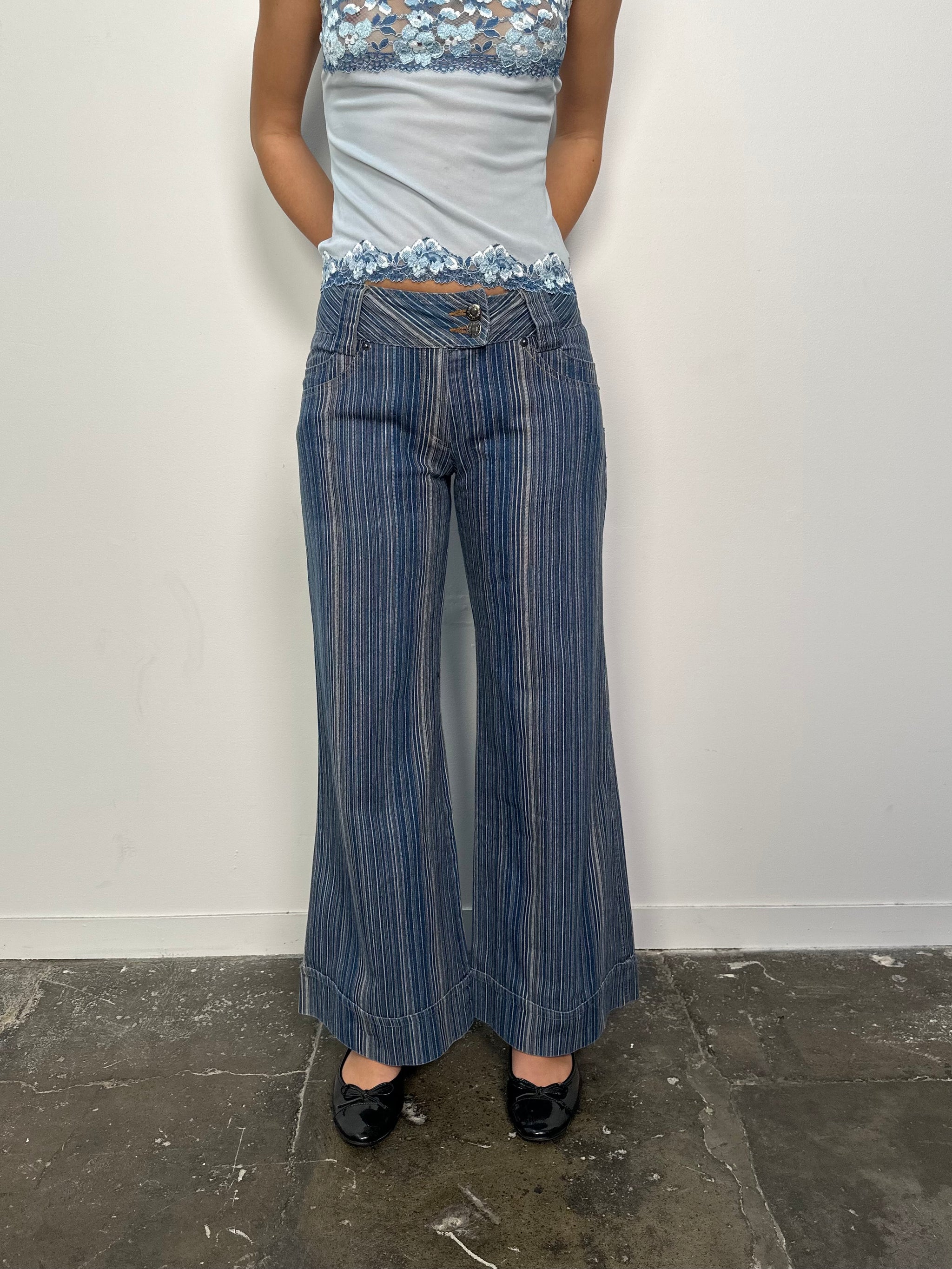 Low-rise Fine Stripe Blue Denim Wide Leg Jeans - Size M