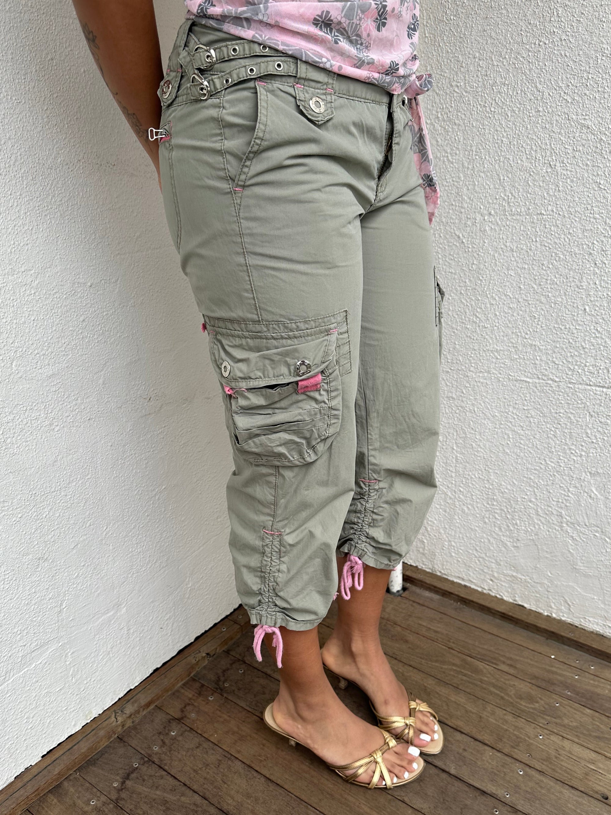 Khaki & Pink Cargo Capri Pants