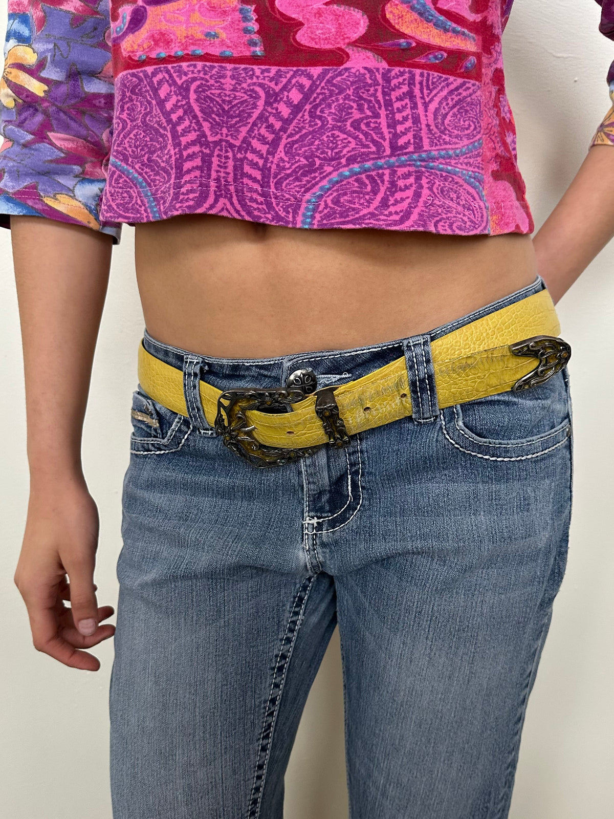 Decorative Silver Buckle Yellow Leather Belt