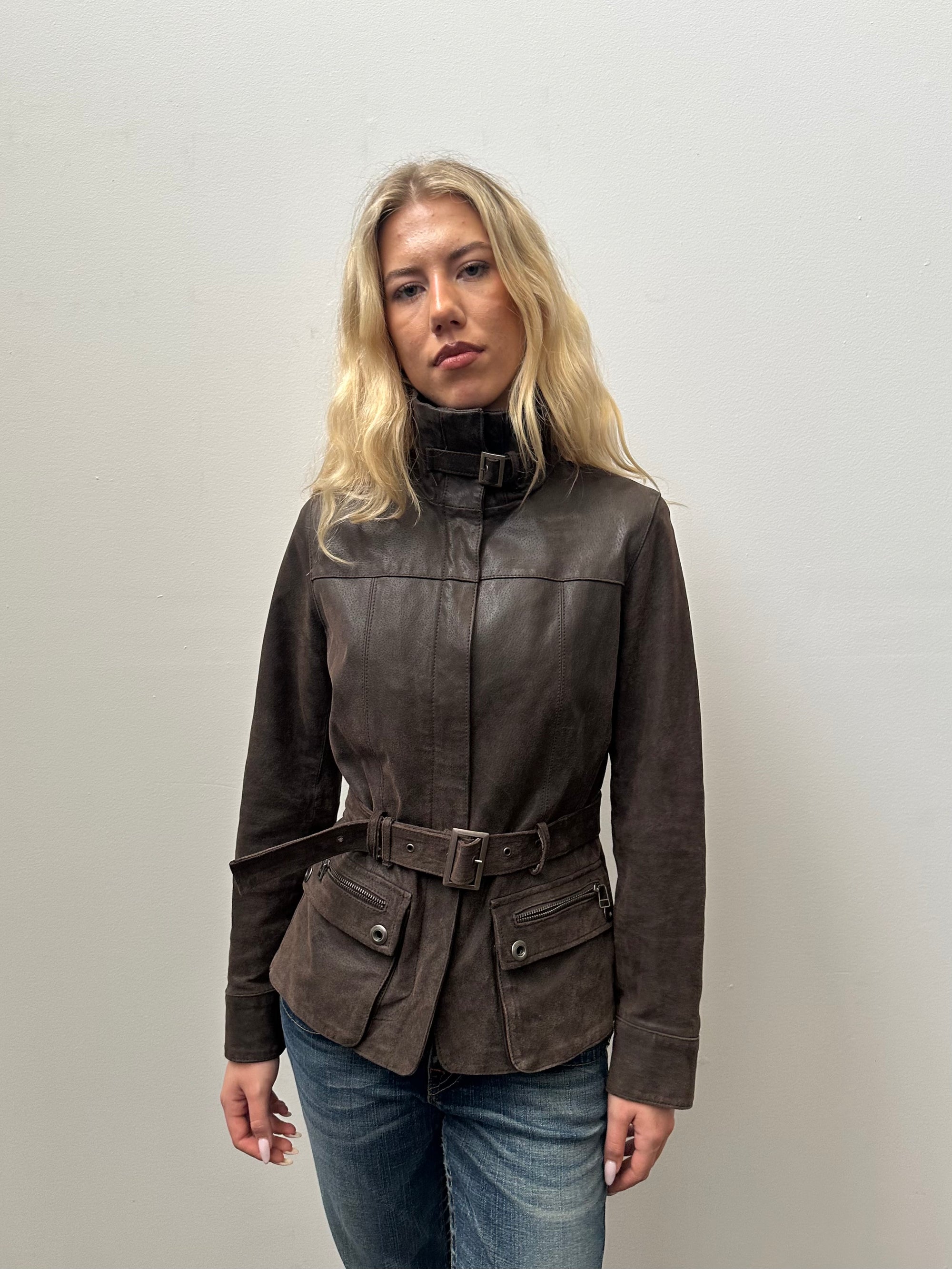 Chocolate Brown Leather Structured Jacket - Size M