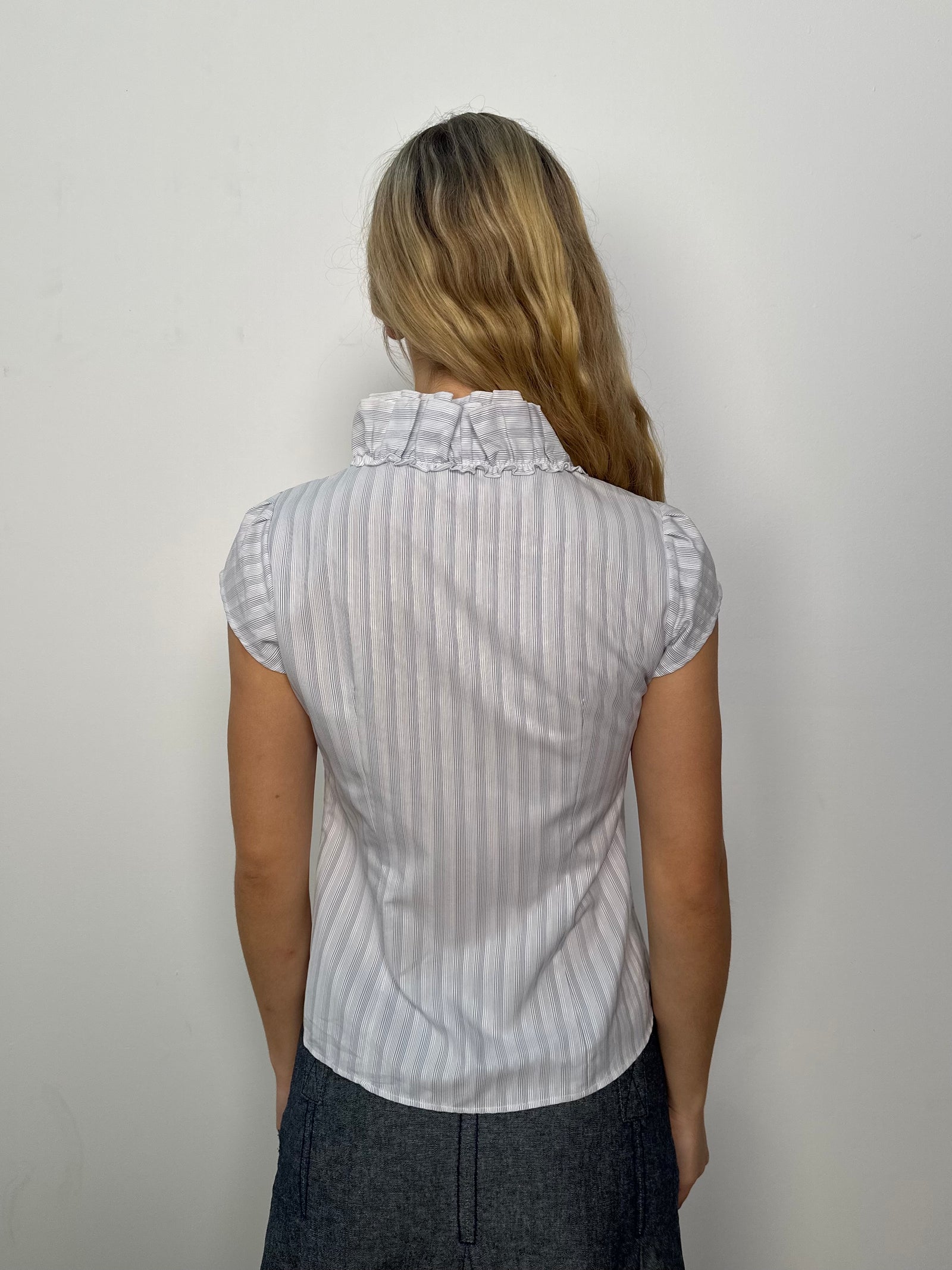 Baby Blue Stripe Ruffle Front Shirt - Size S