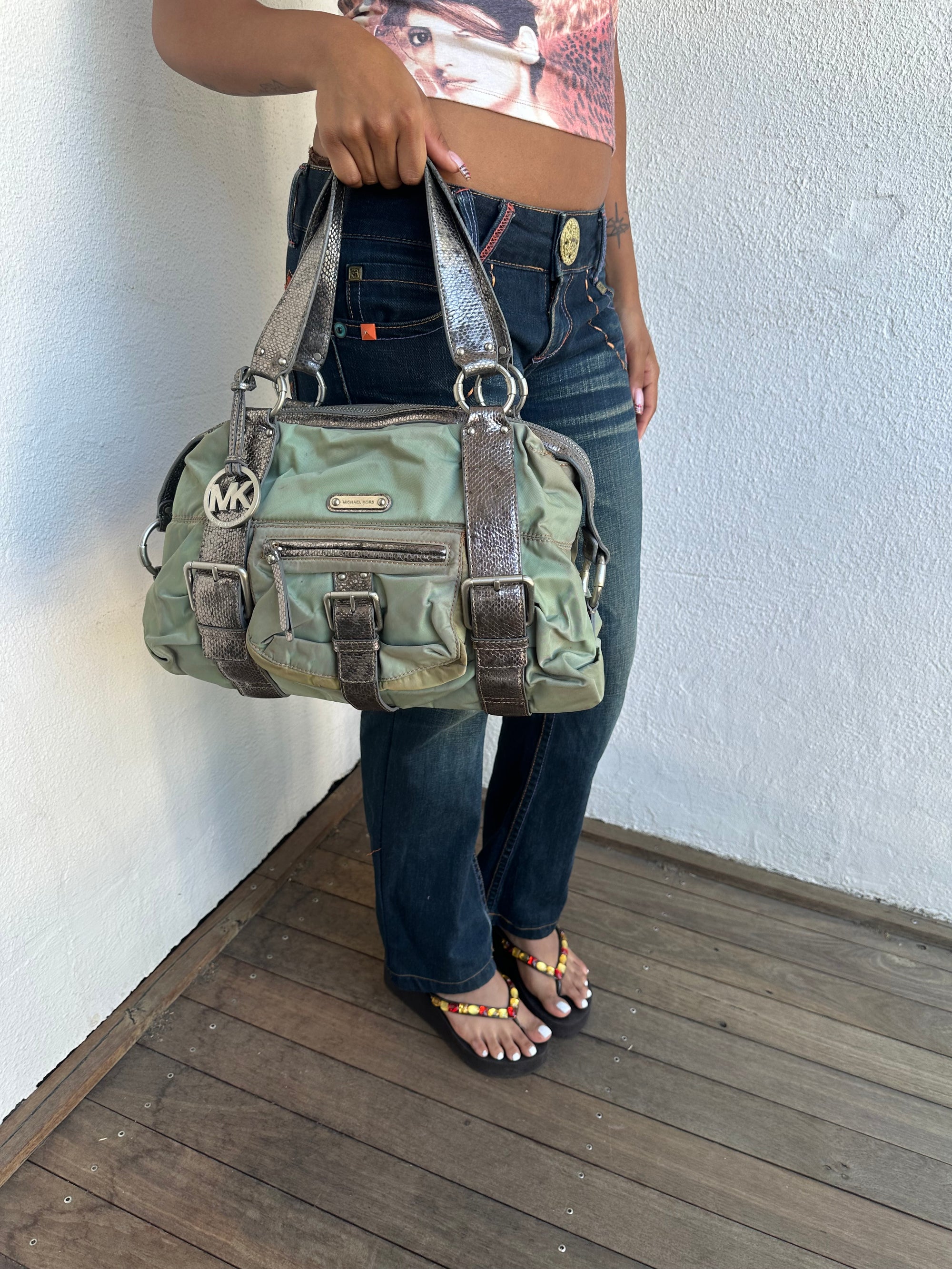 00s Michael Kors Green Metallic Nylon Handbag