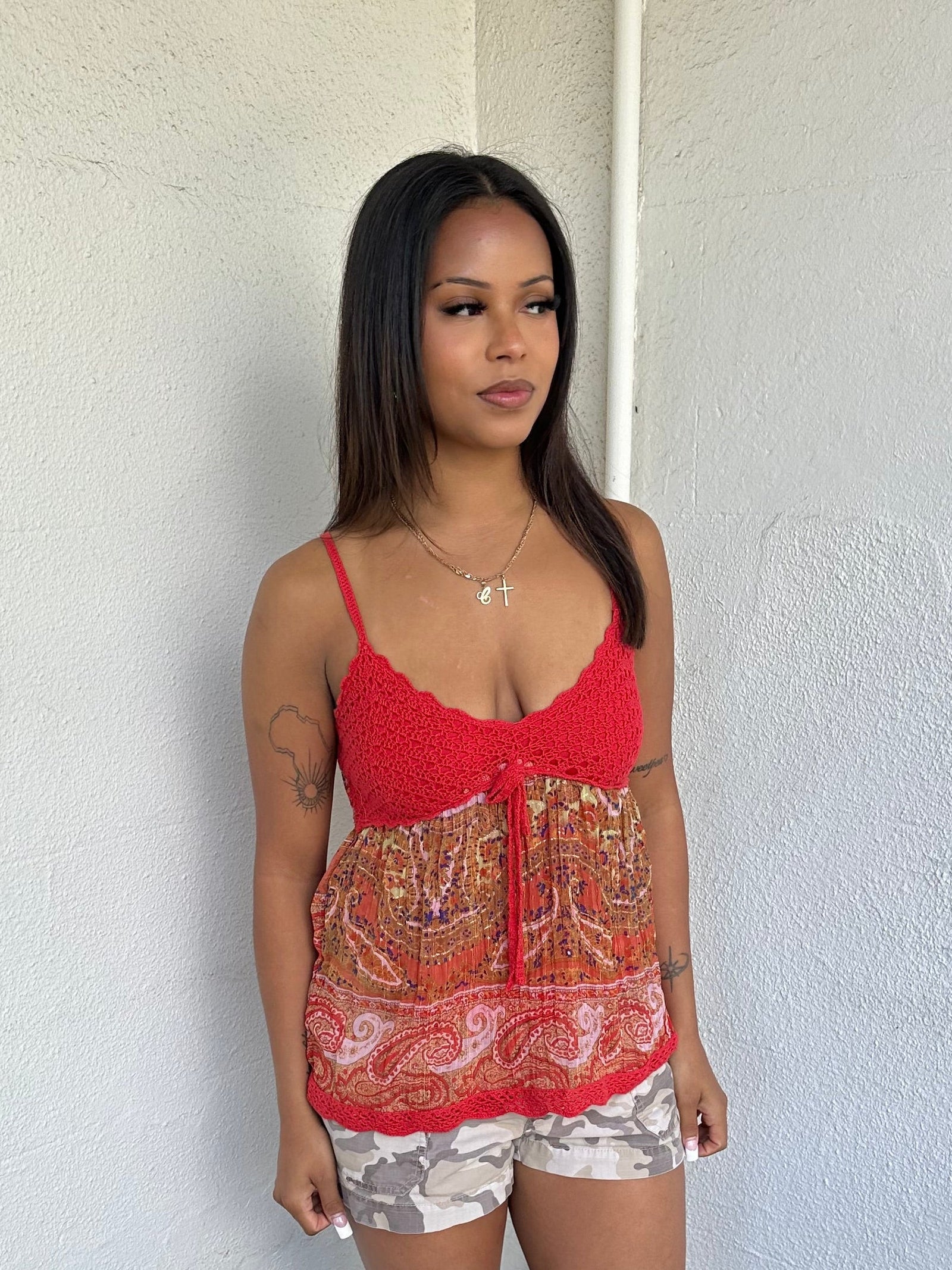 Red Crochet Paisley Cami Top
