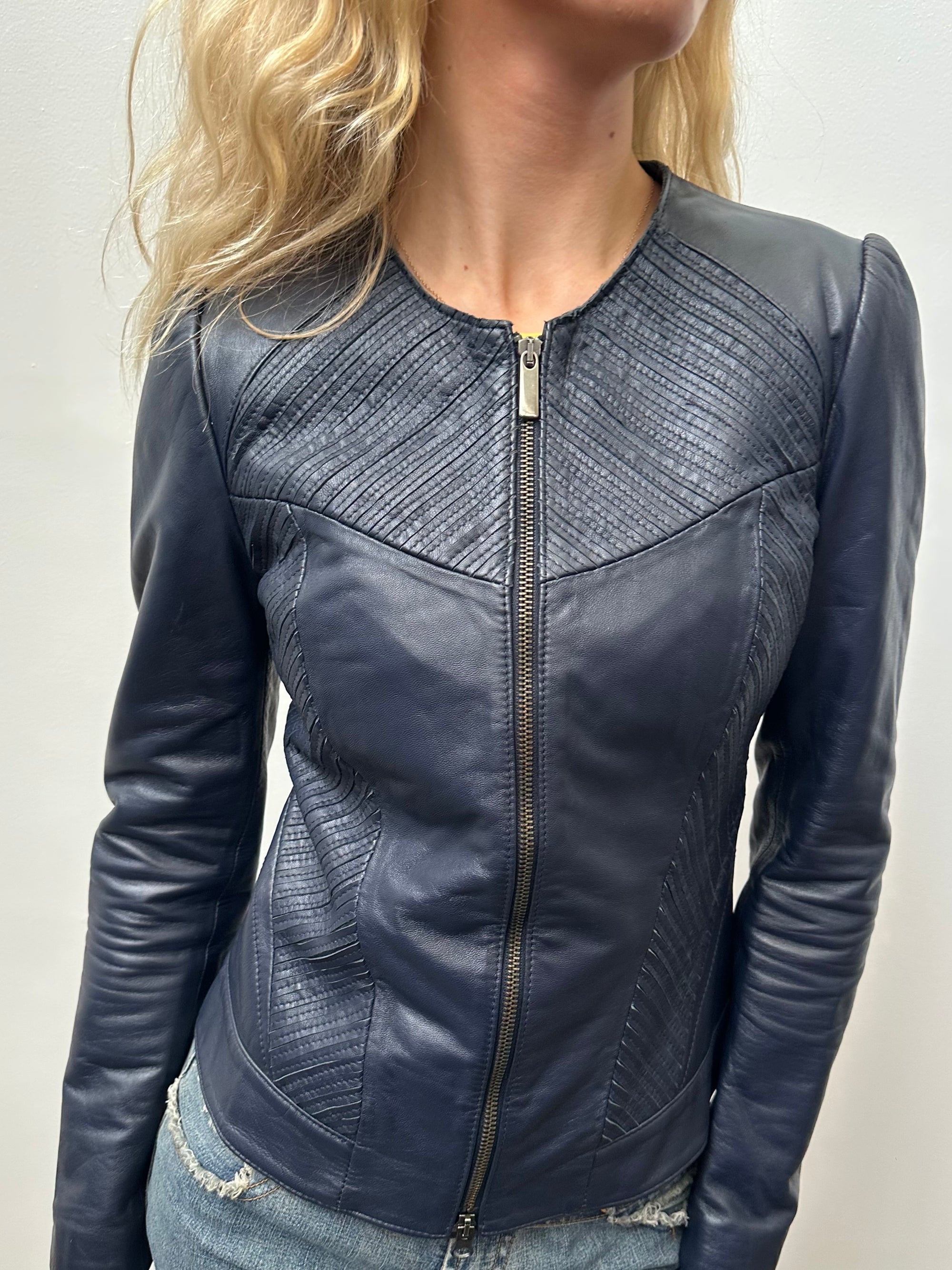 Navy Double Zip Fitted Leather Jacket - Size S