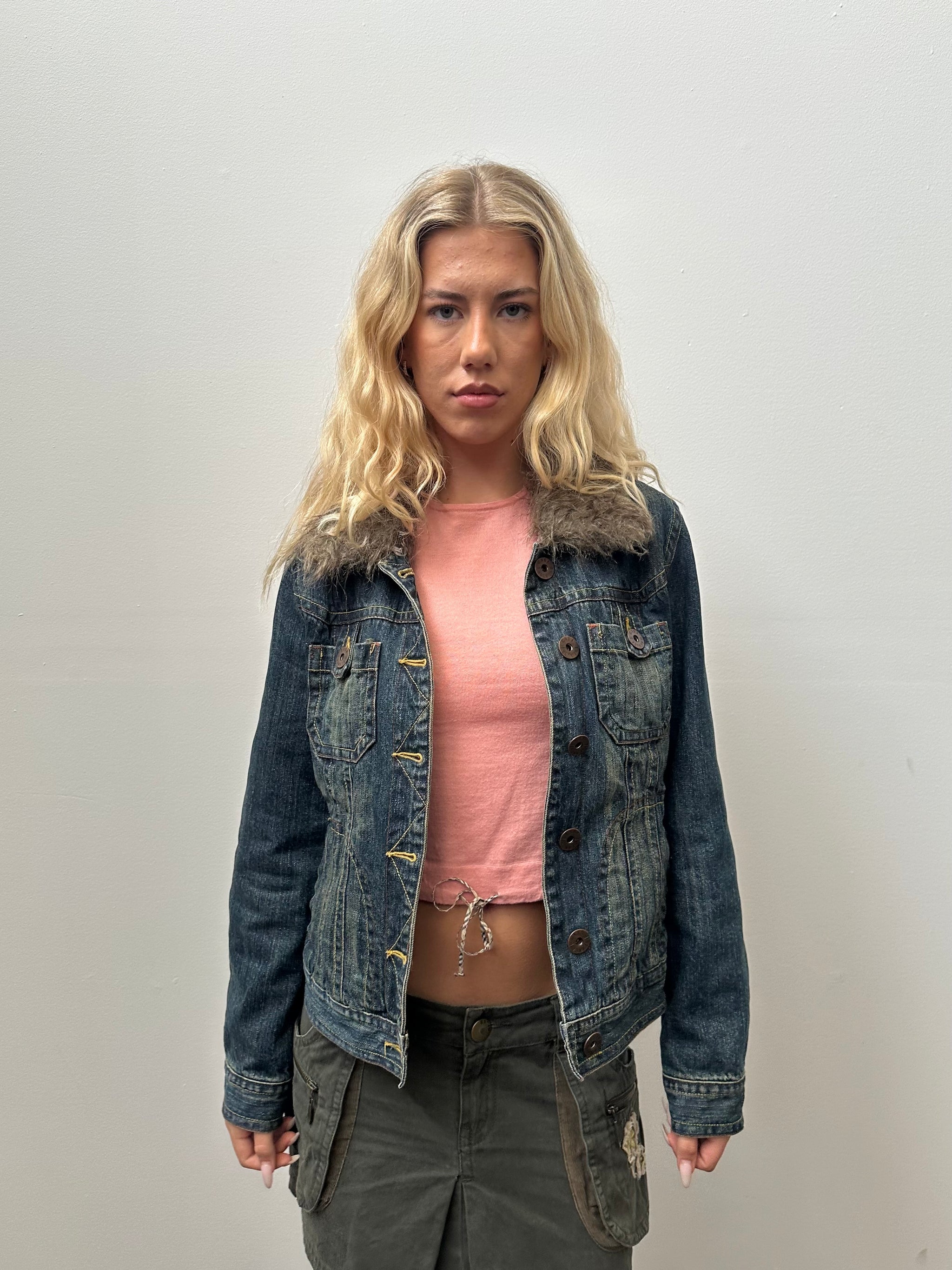 Faux Fur Collar Warm Wash Denim Jacket - Size M