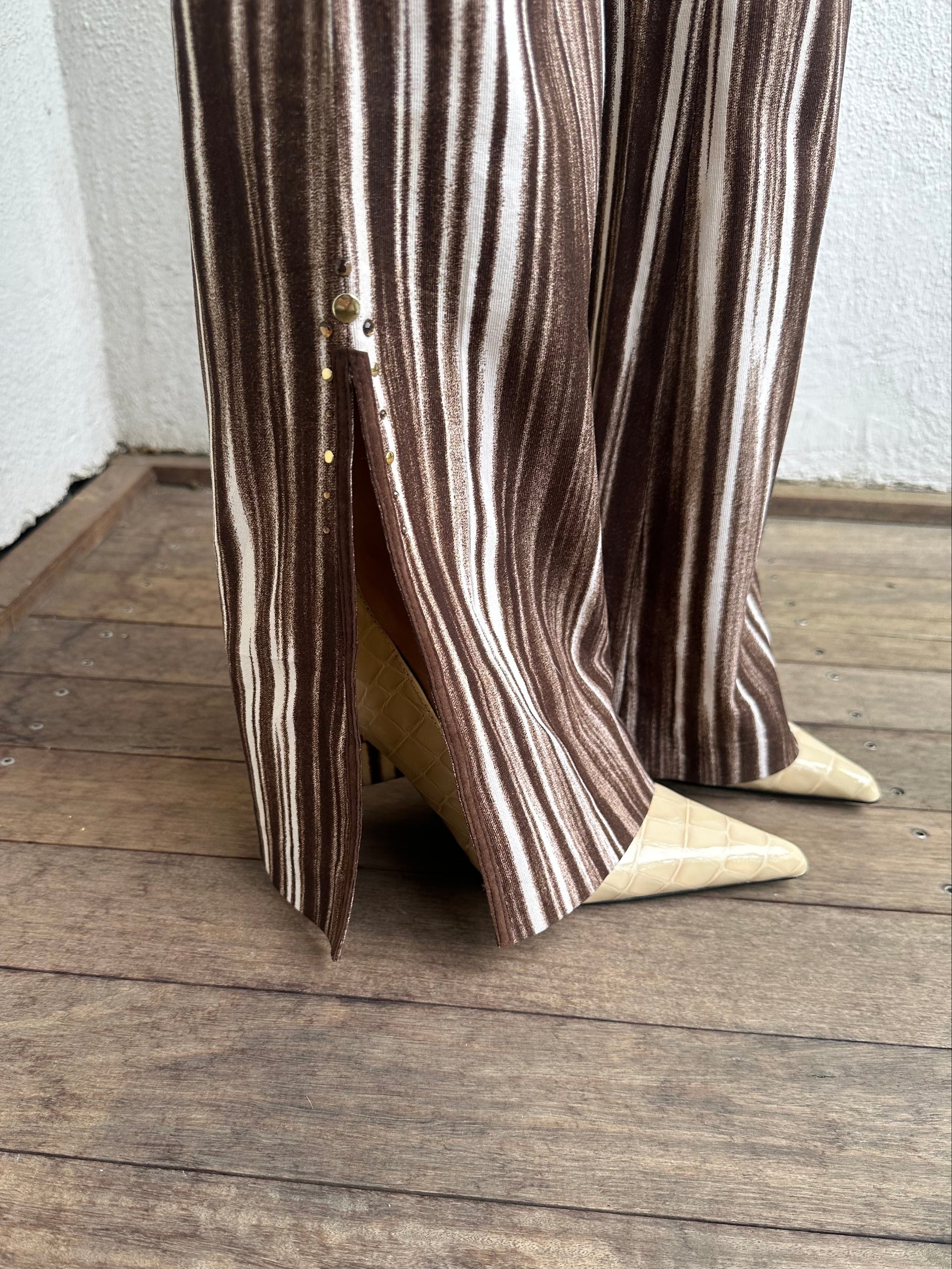 Brown & Cream Stripe Flared Pants