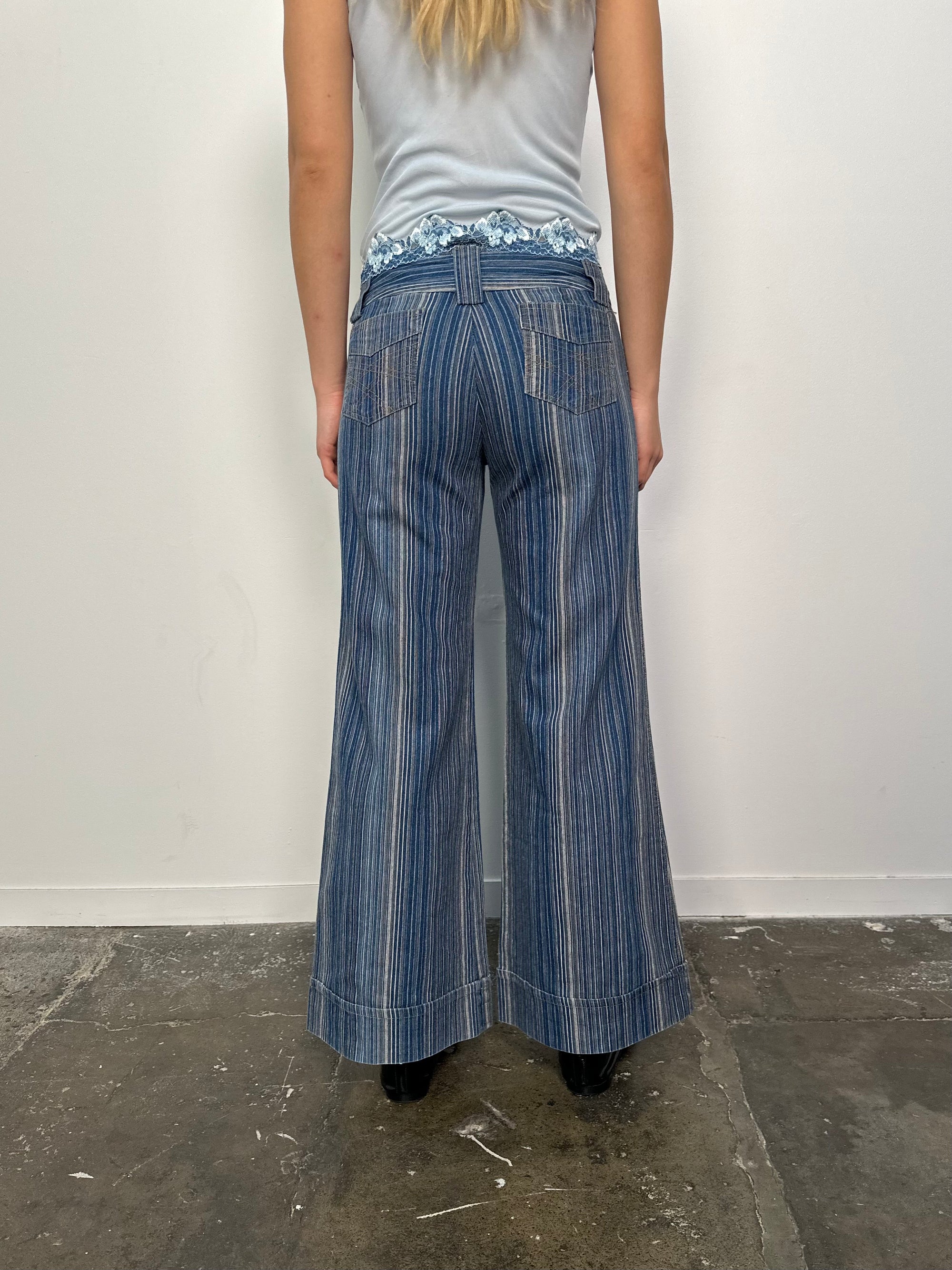 Low-rise Fine Stripe Blue Denim Wide Leg Jeans - Size M