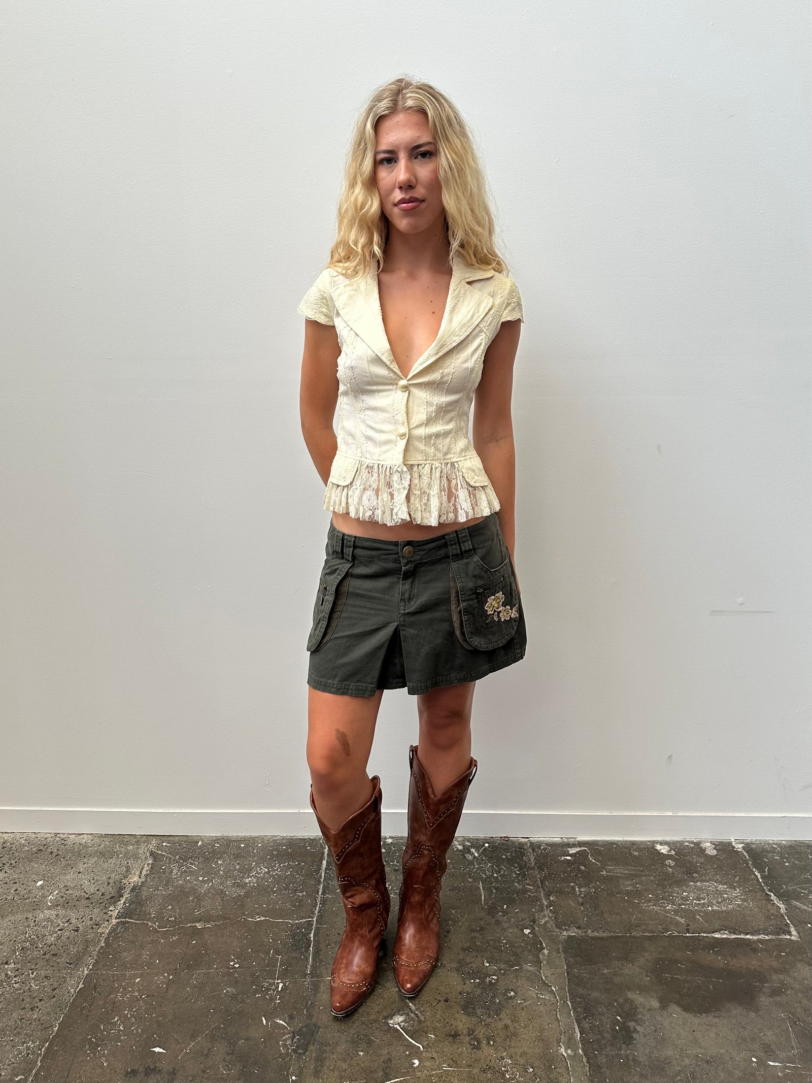 Cream Vneck Lace Peplum Shirt - Size S