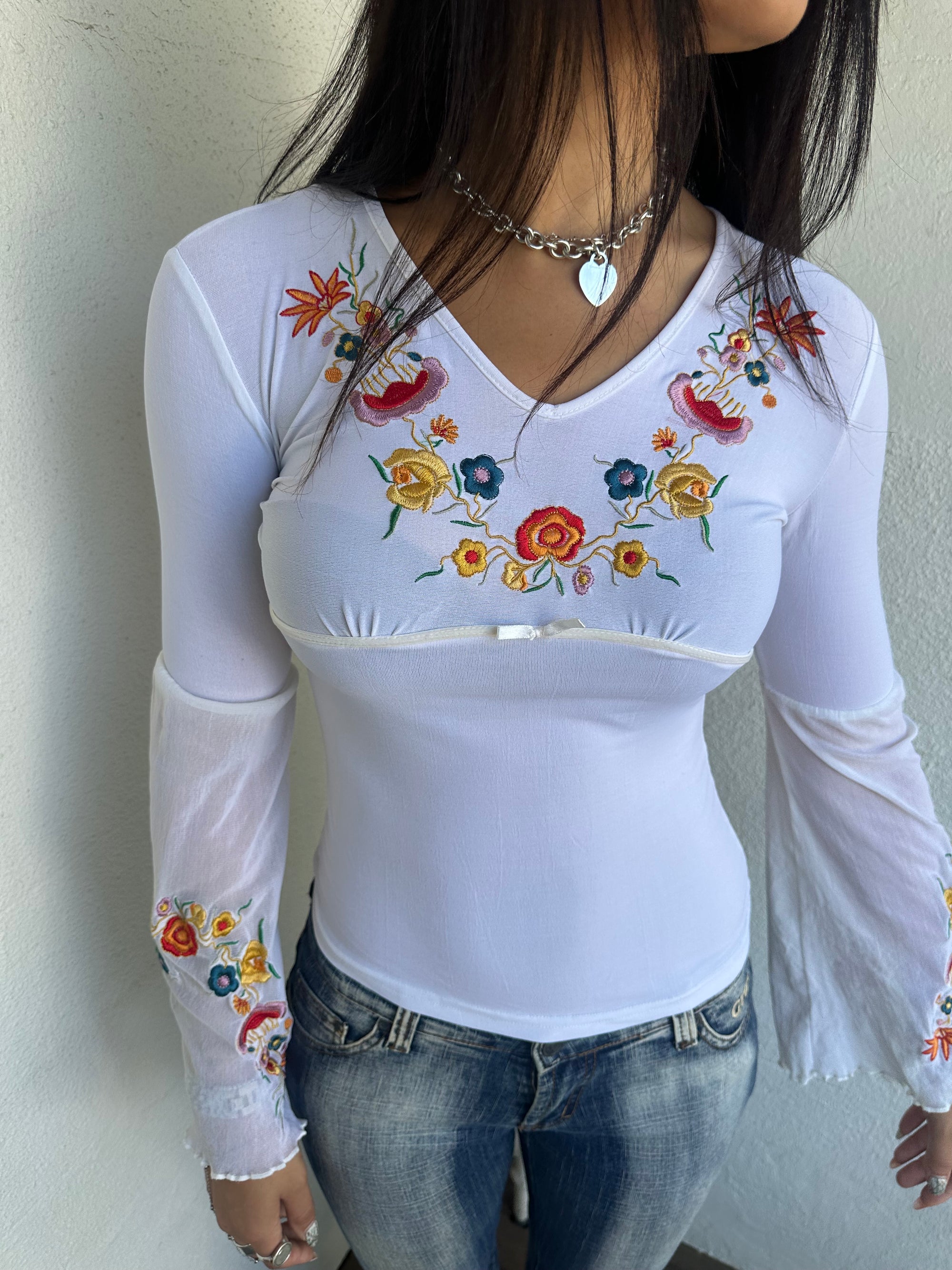 Boho White Embroidered Long Sleeve Top - Size M