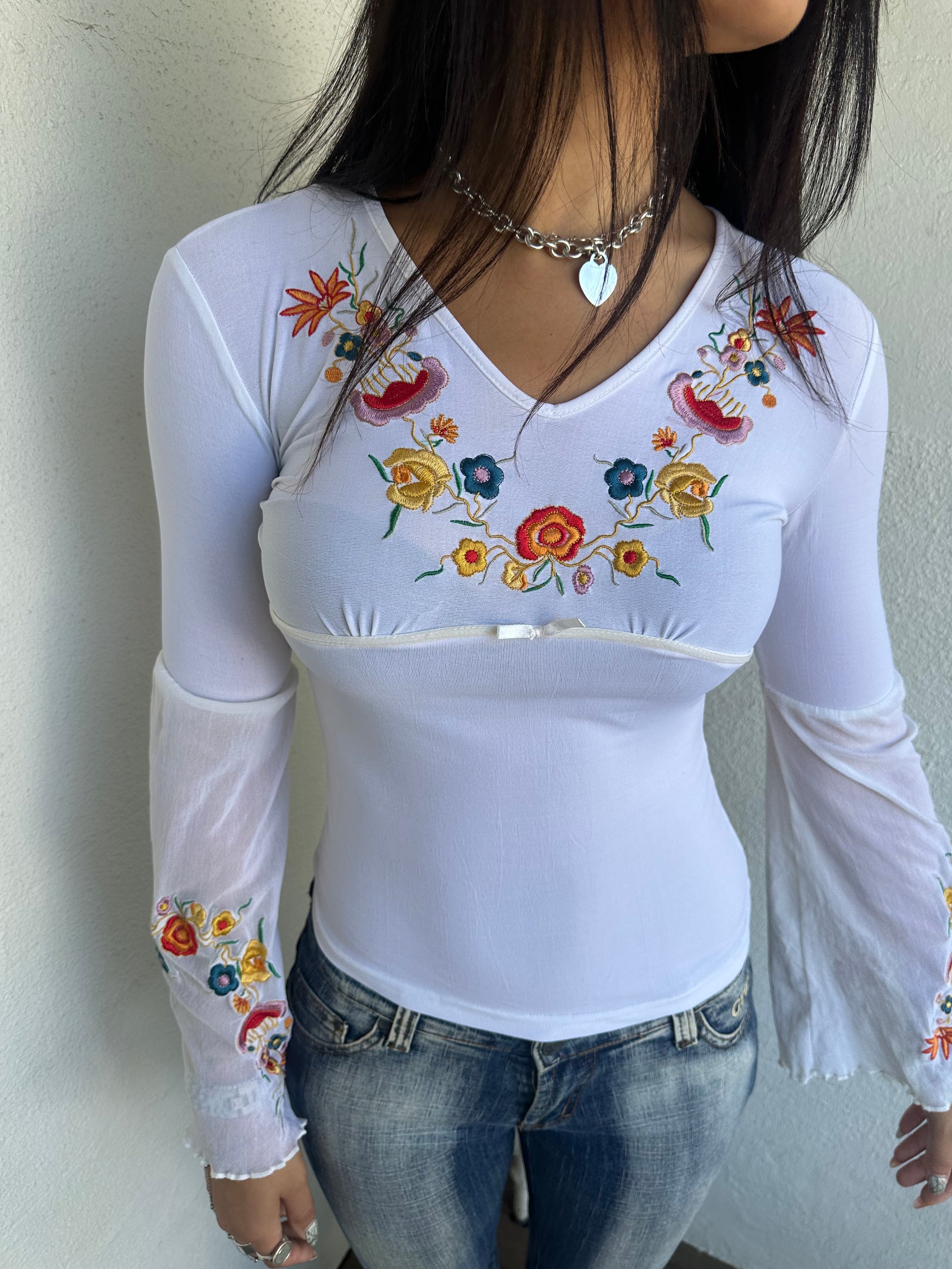 Boho White Embroidered Long Sleeve Top - Size M
