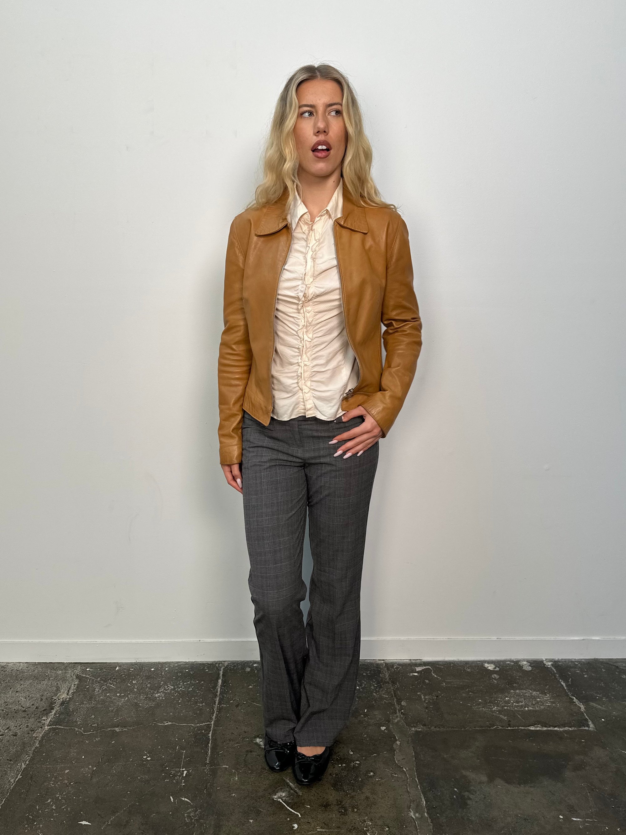 Tan Double Zip Leather Jacket - Size S