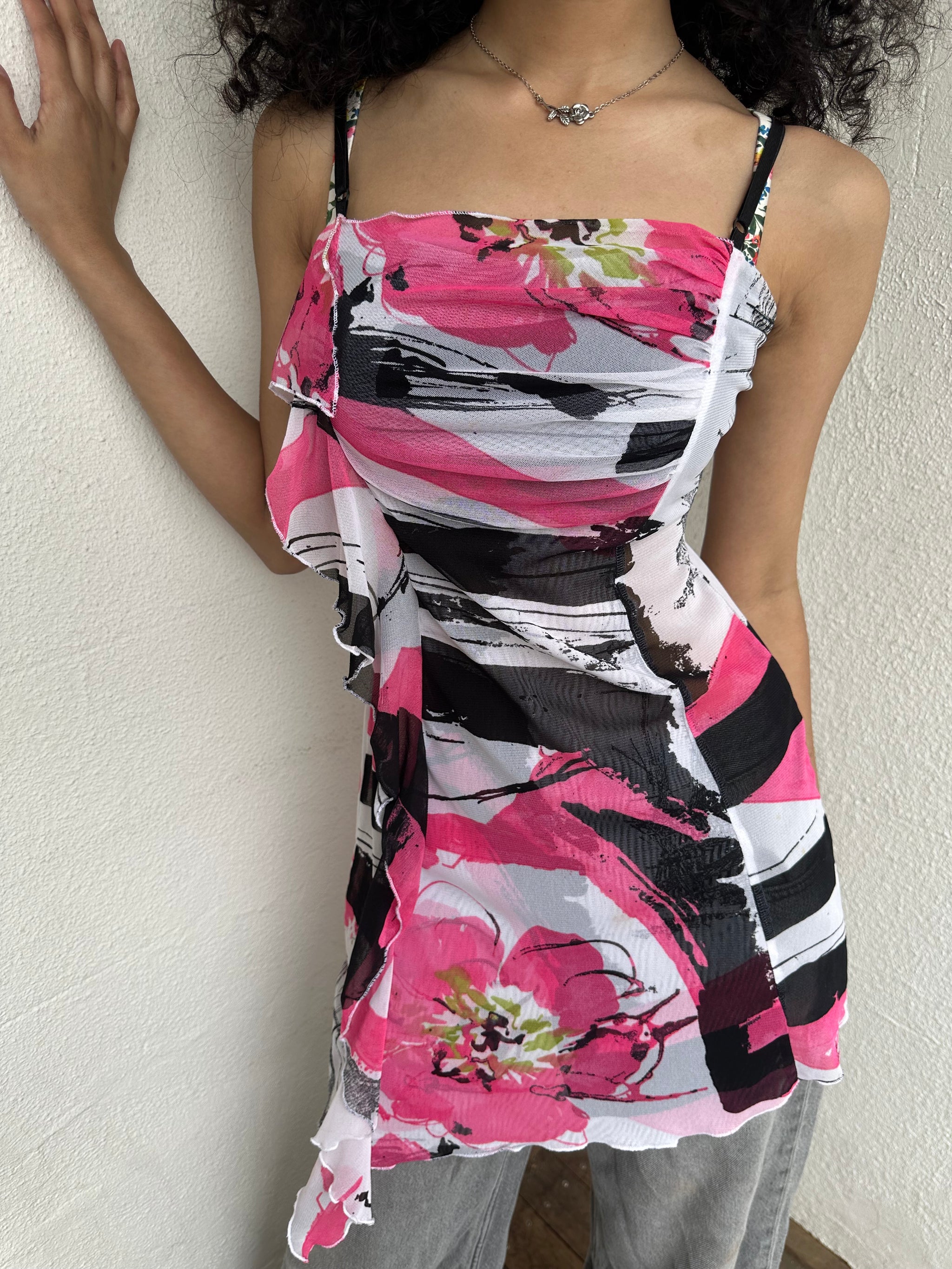 Pink Graphic Floral Mesh Mini Dress - Size XS