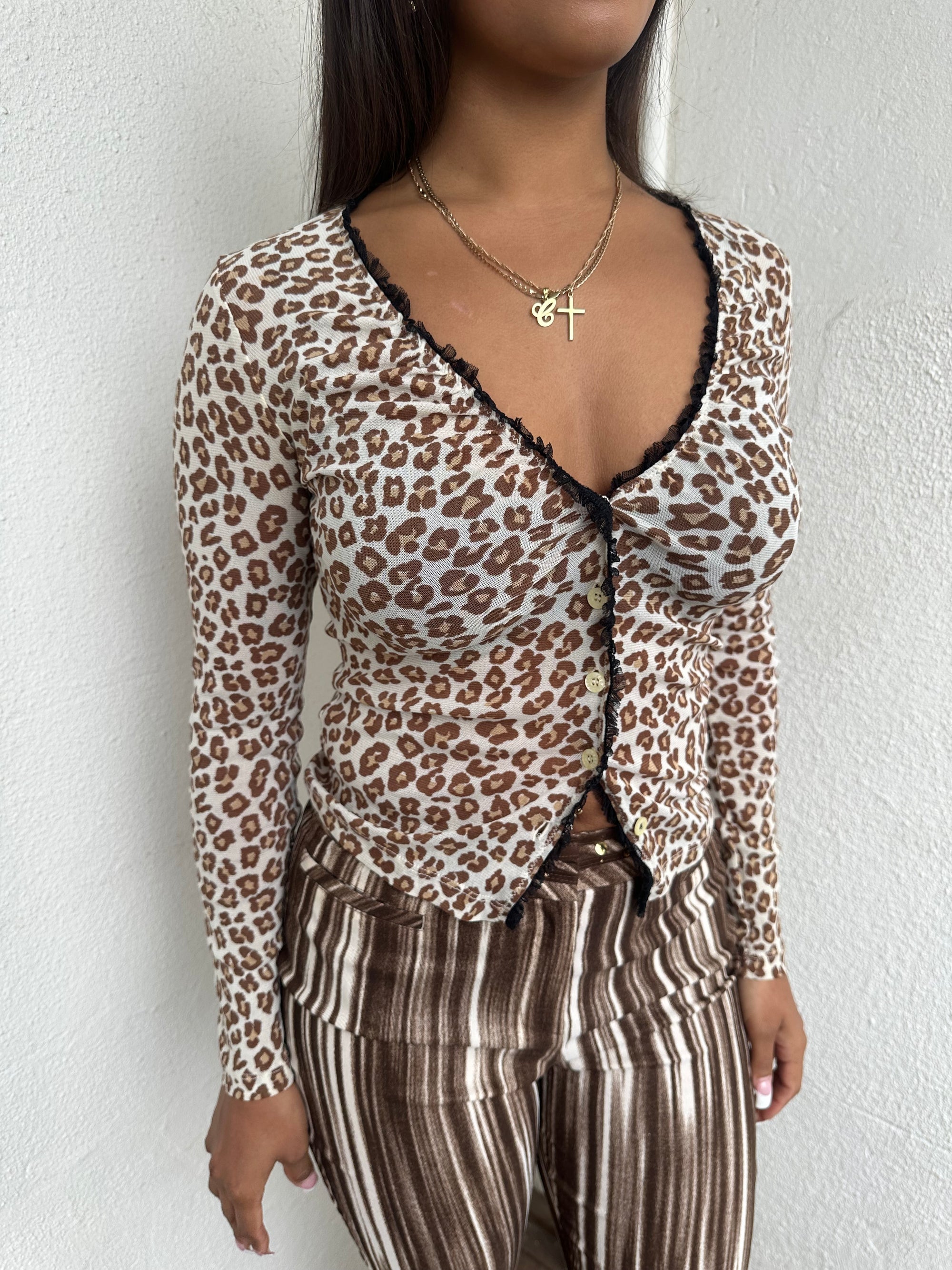 Leopard Print Mesh Long Sleeve Top