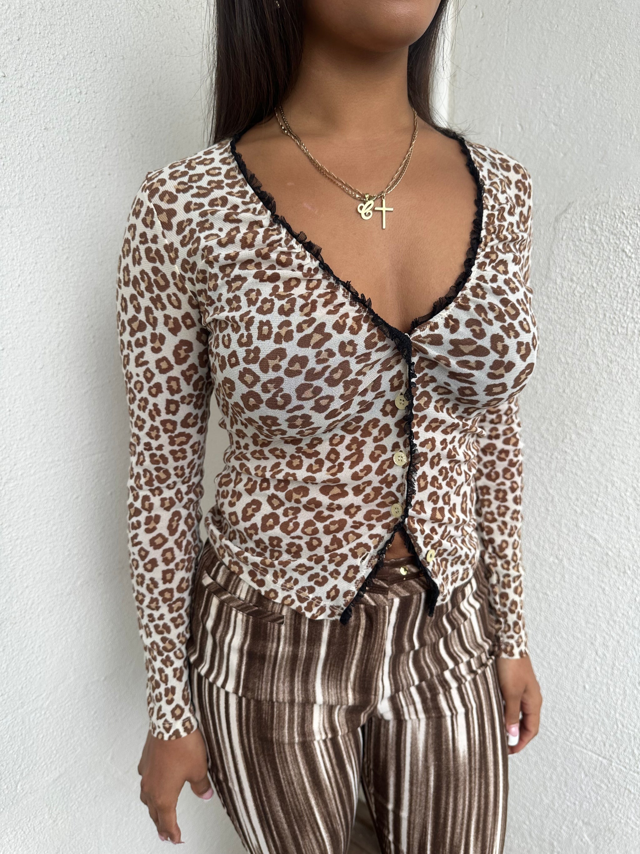 Leopard Print Mesh Long Sleeve Top
