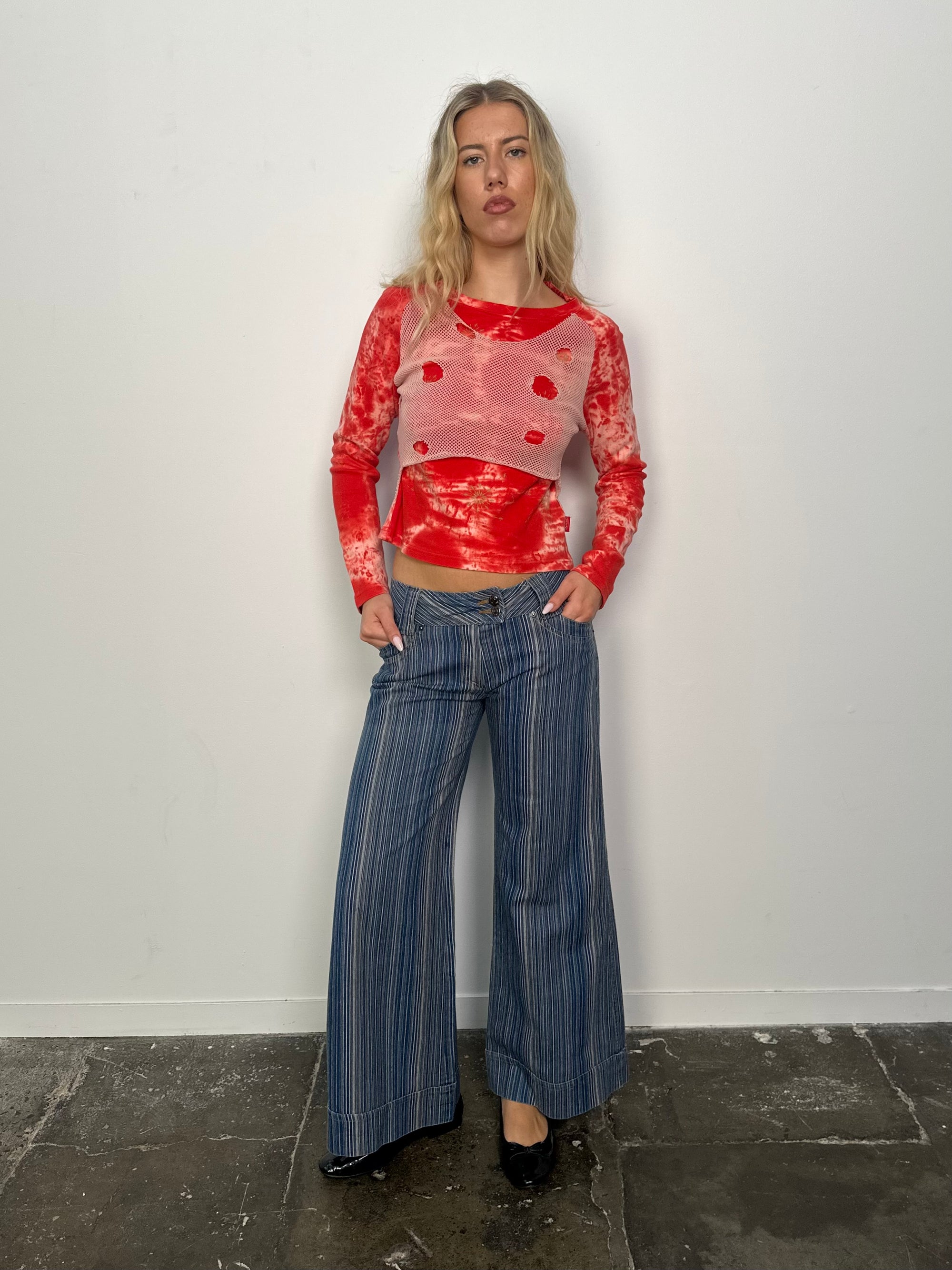 Red Tie Dye Mesh detail Long Sleeve Top - Size S