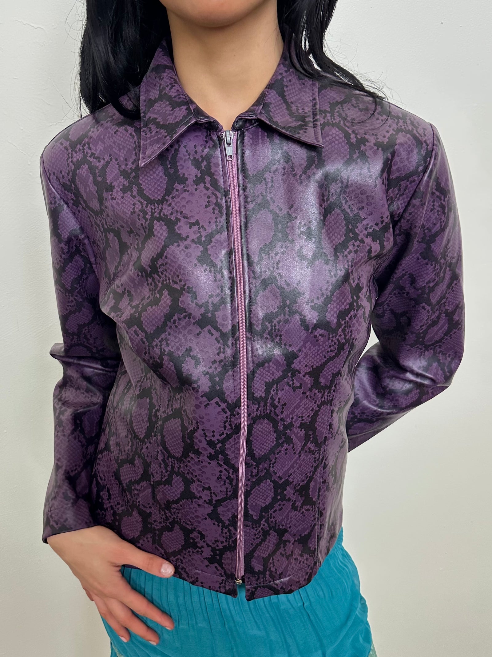 Deep Purple Snake Print Faux Leather Jacket - Size M